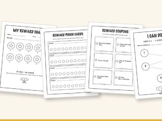 Preview of the free reward chart pack: ten-star sticker chart, punch cards, reward coupons and toddler chart