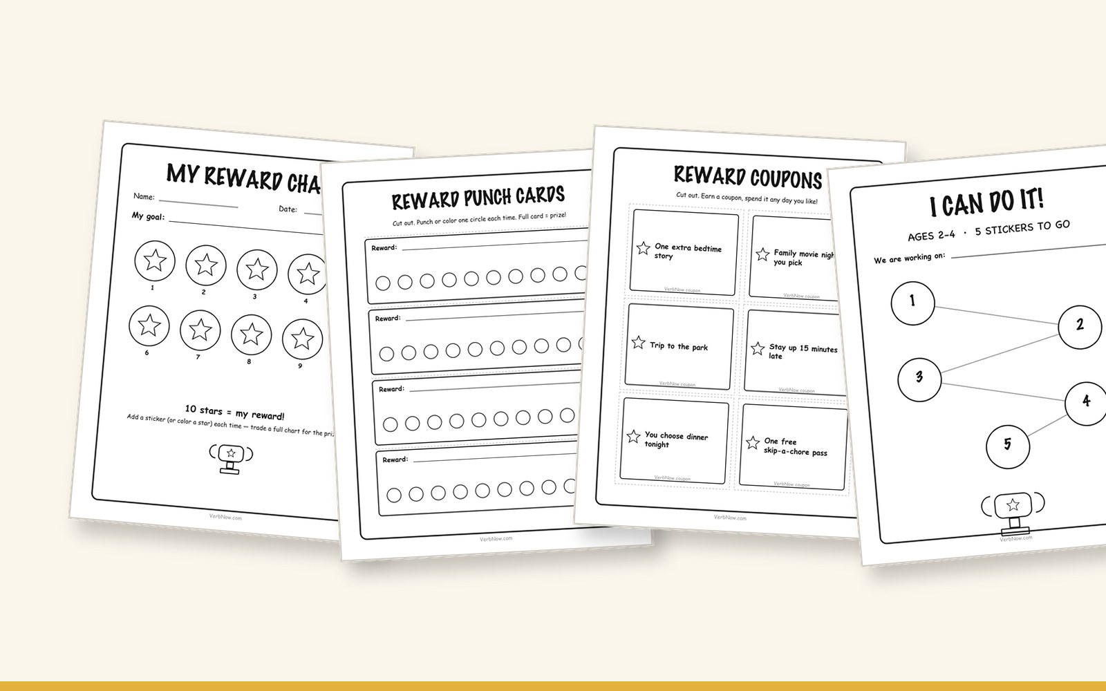 8 Free Printable Reward Charts (Sticker Charts, Punch Cards & Coupons) Preview of the free reward chart pack: ten-star sticker chart, punch cards, reward coupons and toddler chart