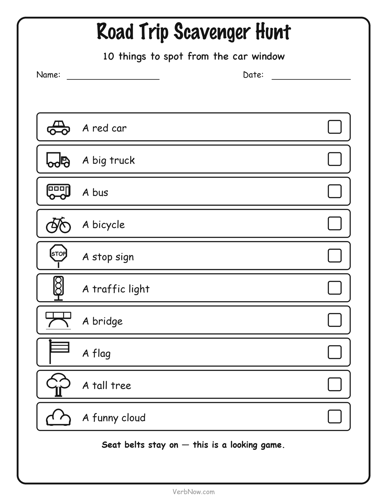 Free printable road trip scavenger hunt with 10 things to spot from the car window