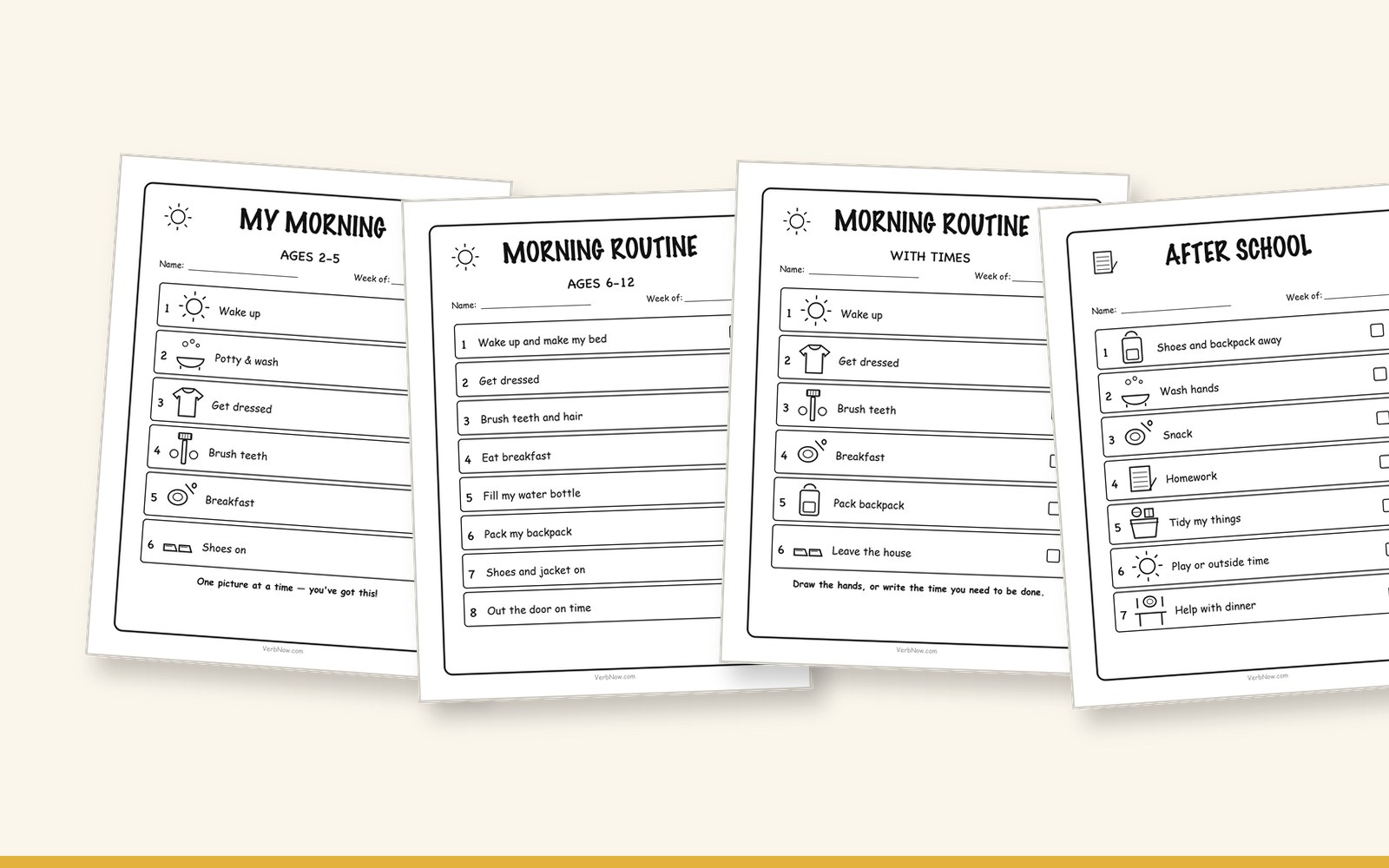 10 Free Printable Routine Charts for Kids (Morning, Bedtime & After School) Toddler picture chart, written chart for older kids, clock-face chart and after school chart side by side
