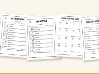Preview of the free routine chart pack: toddler morning chart, bedtime chart, visual schedule cards and weekly chart