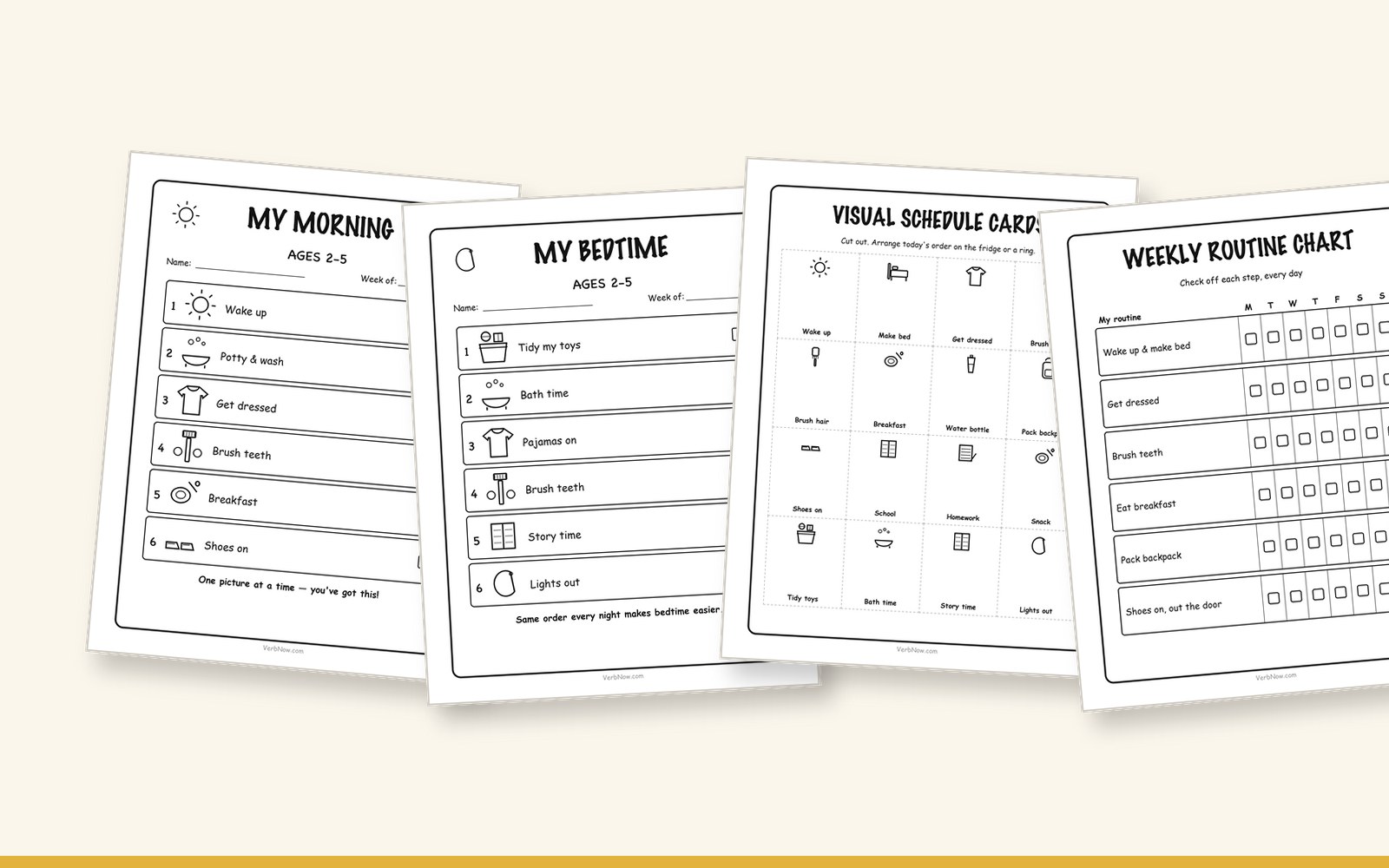 10 Free Printable Routine Charts for Kids (Morning, Bedtime & After School) Preview of the free routine chart pack: toddler morning chart, bedtime chart, visual schedule cards and weekly chart