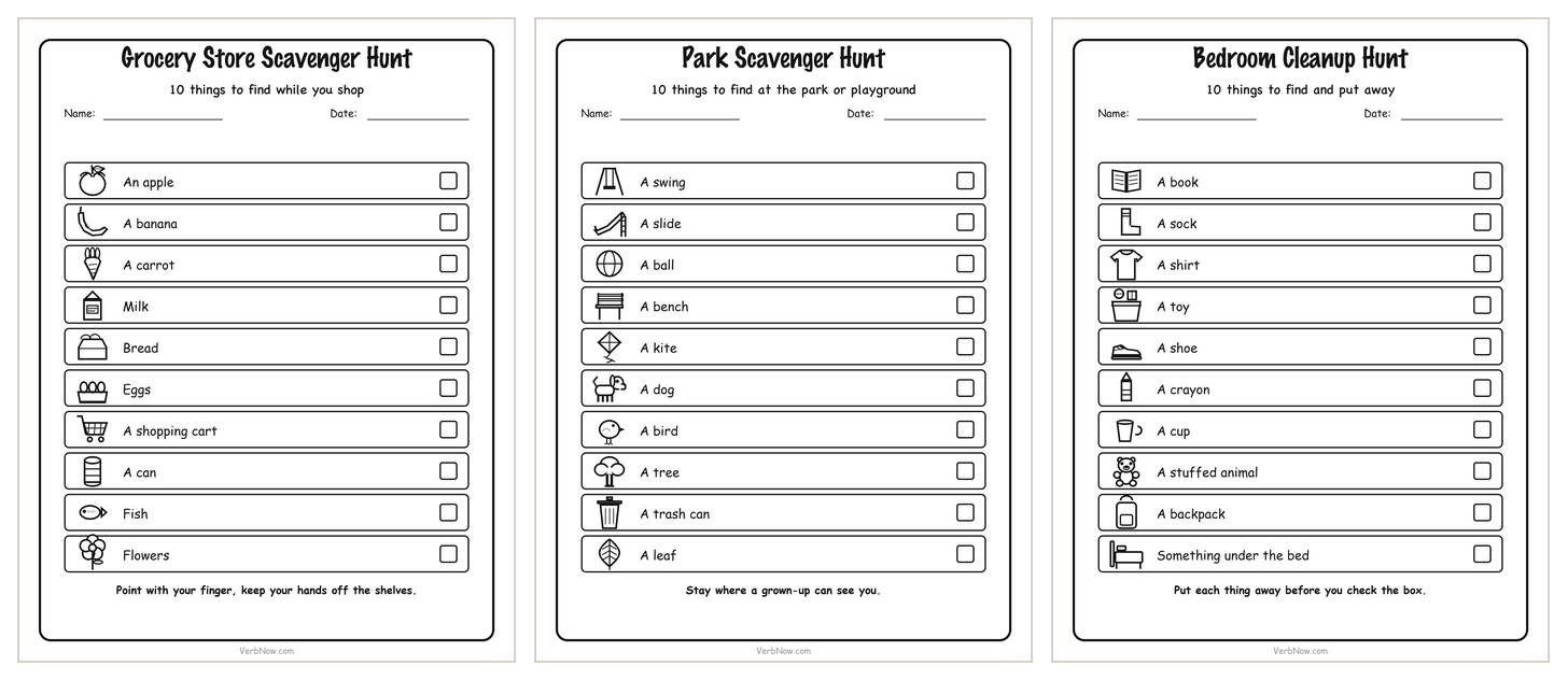 Three more free printable scavenger hunts: grocery store, park and playground, and bedroom cleanup