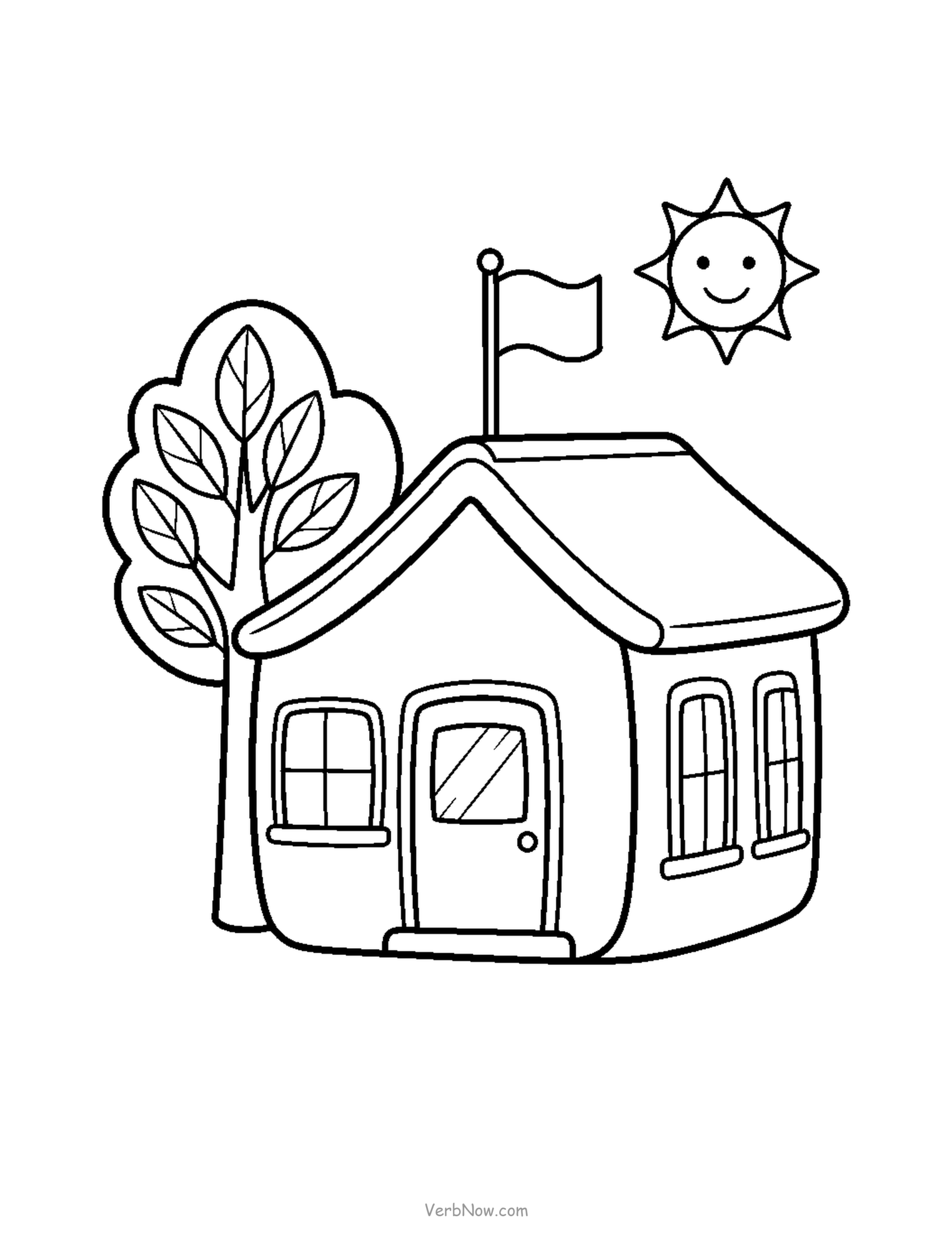 20 Free Back to School Printables (Signs, Checklists & Coloring) Friendly school building with flag coloring page