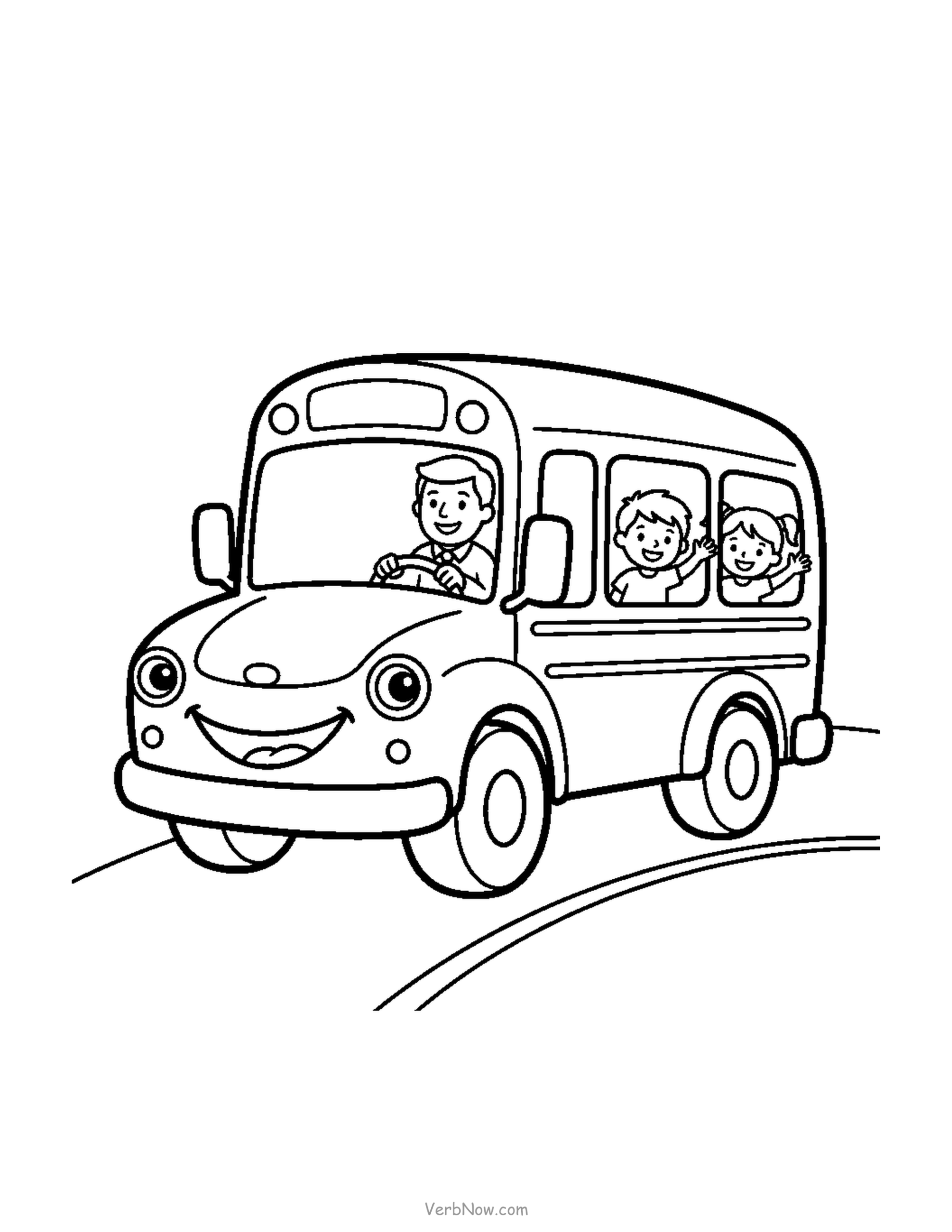 20 Free Back to School Printables (Signs, Checklists & Coloring) School bus with driver and waving kids coloring page