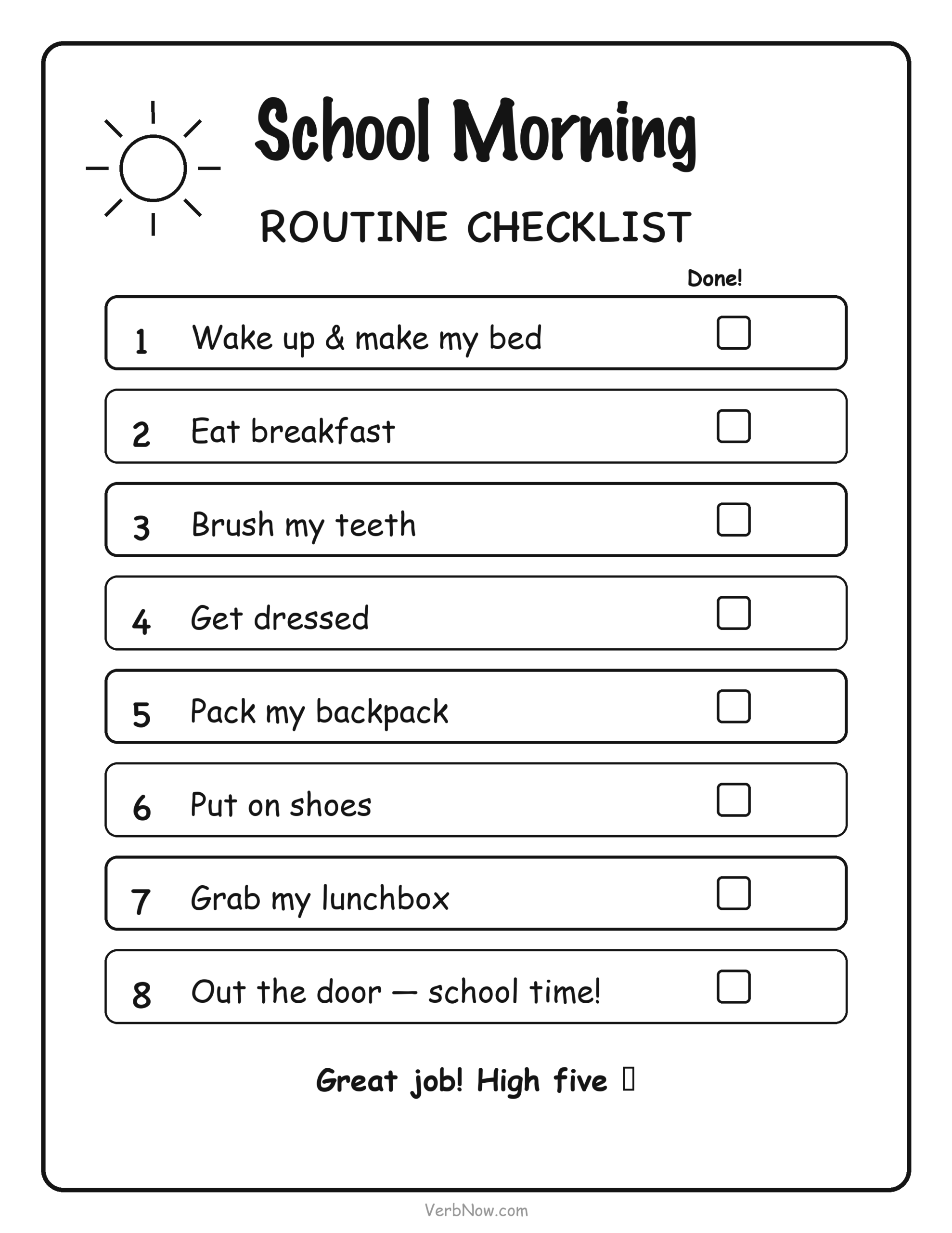 20 Free Back to School Printables (Signs, Checklists & Coloring) School morning routine checklist with fill-in times