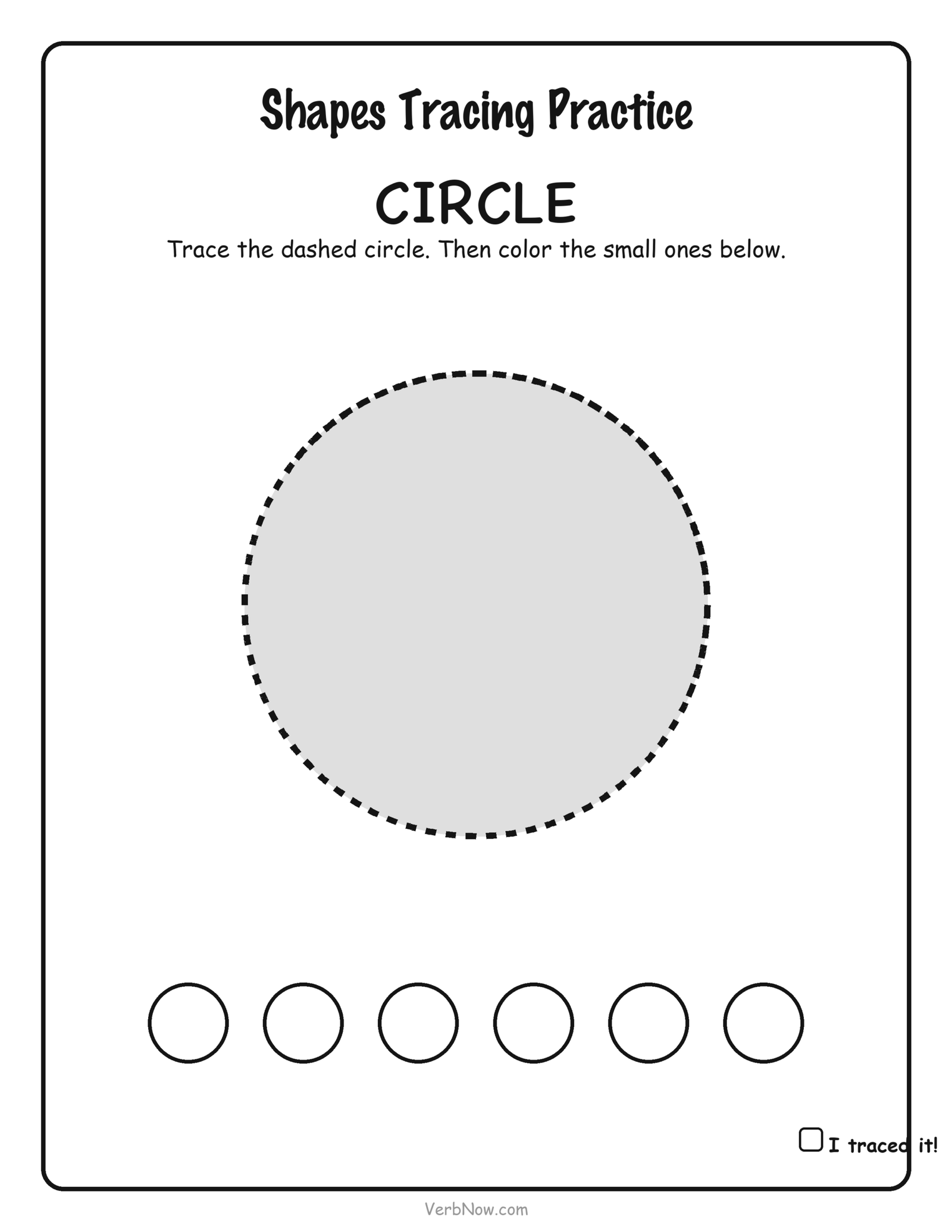 Dashed-line circle for kids to trace, with six small circles to color, free preschool shape worksheet