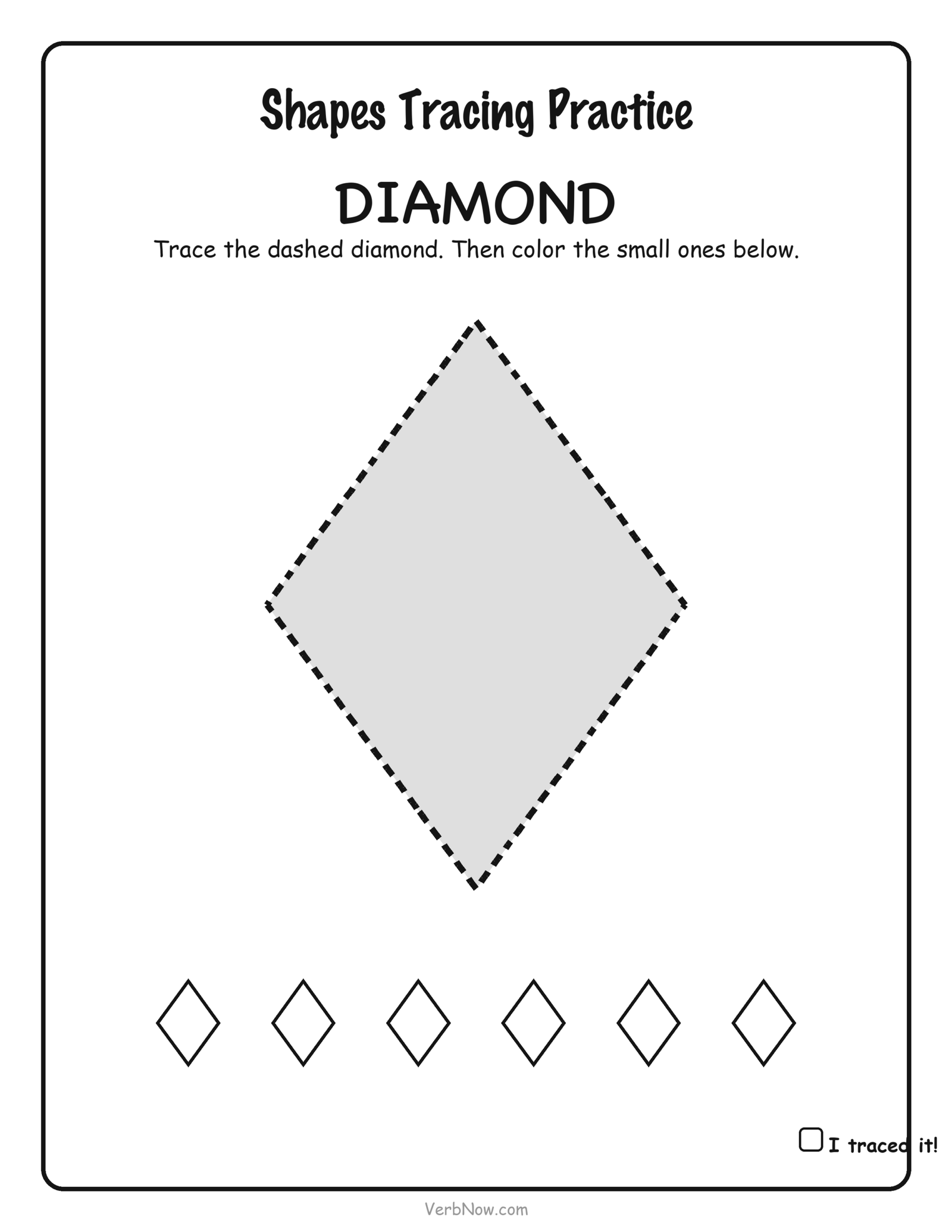 Dashed-line diamond for kids to trace, with six small diamonds to color, free preschool shape worksheet