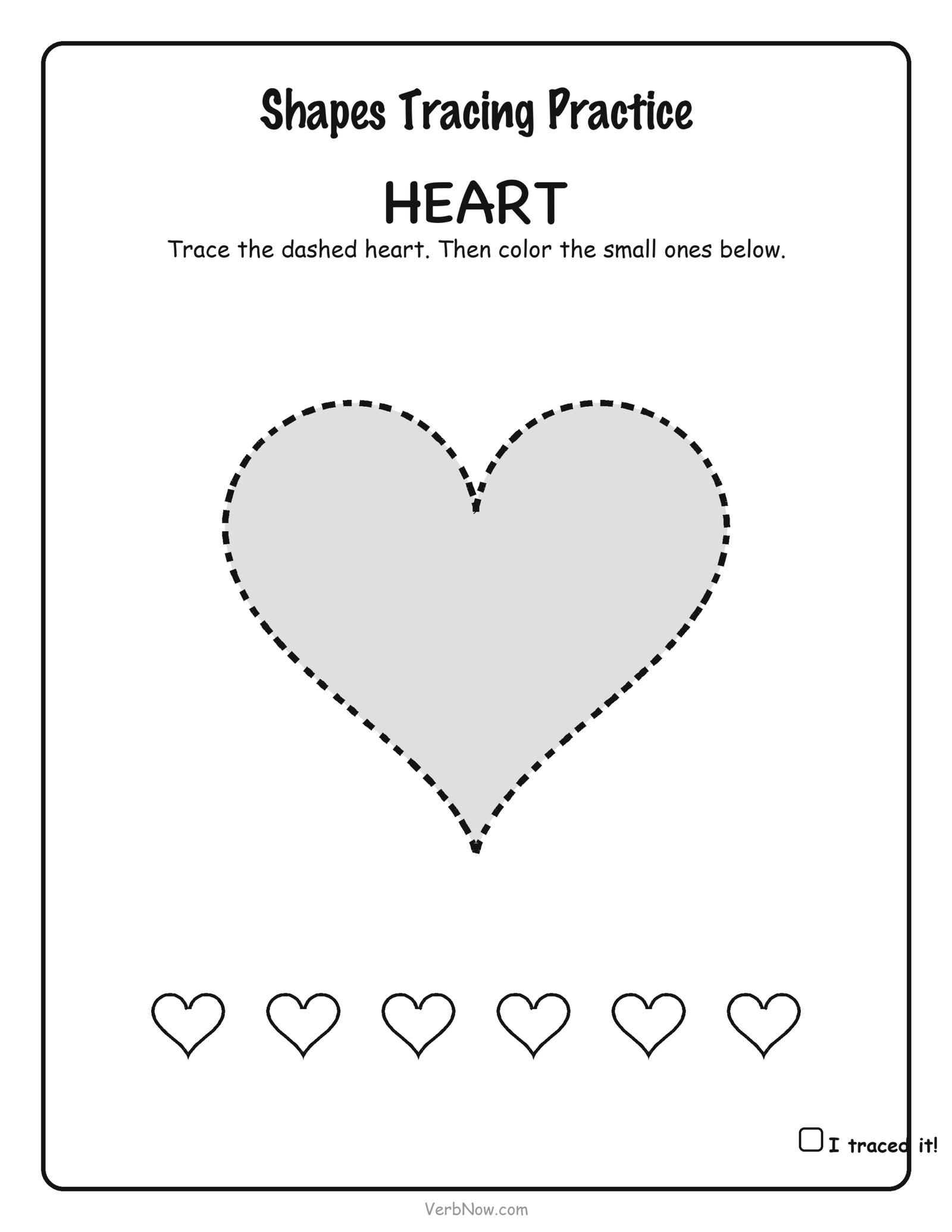 Dashed-line heart for kids to trace, with six small hearts to color, free preschool shape worksheet