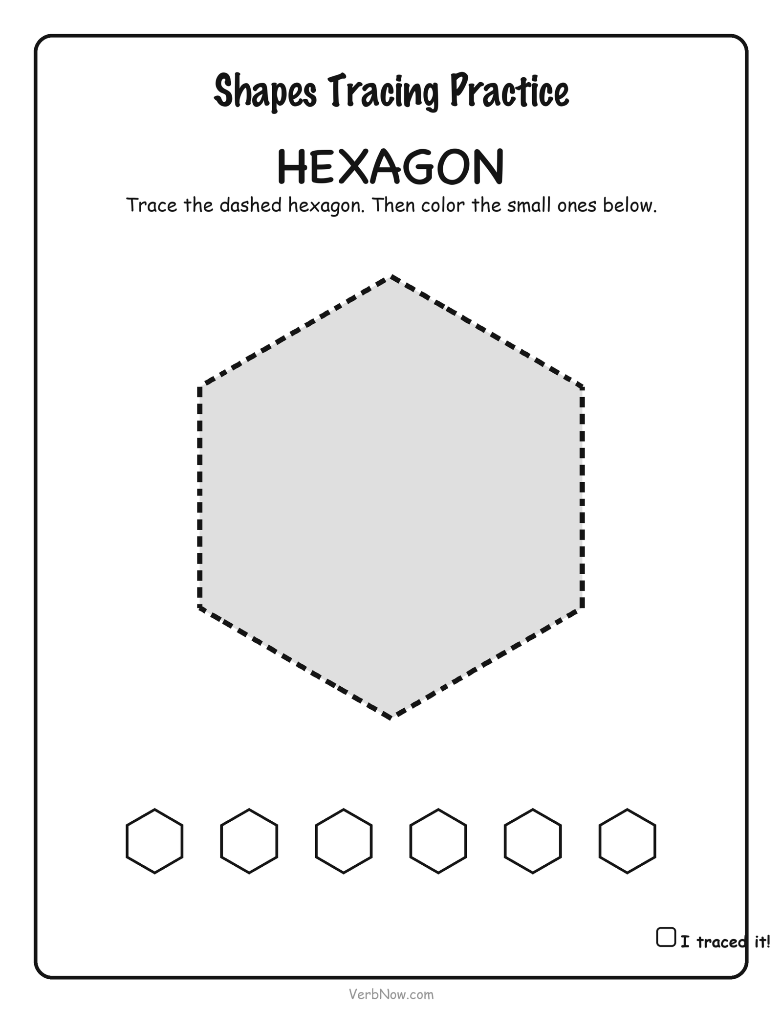 Dashed-line hexagon for kids to trace, with six small hexagons to color, free preschool shape worksheet