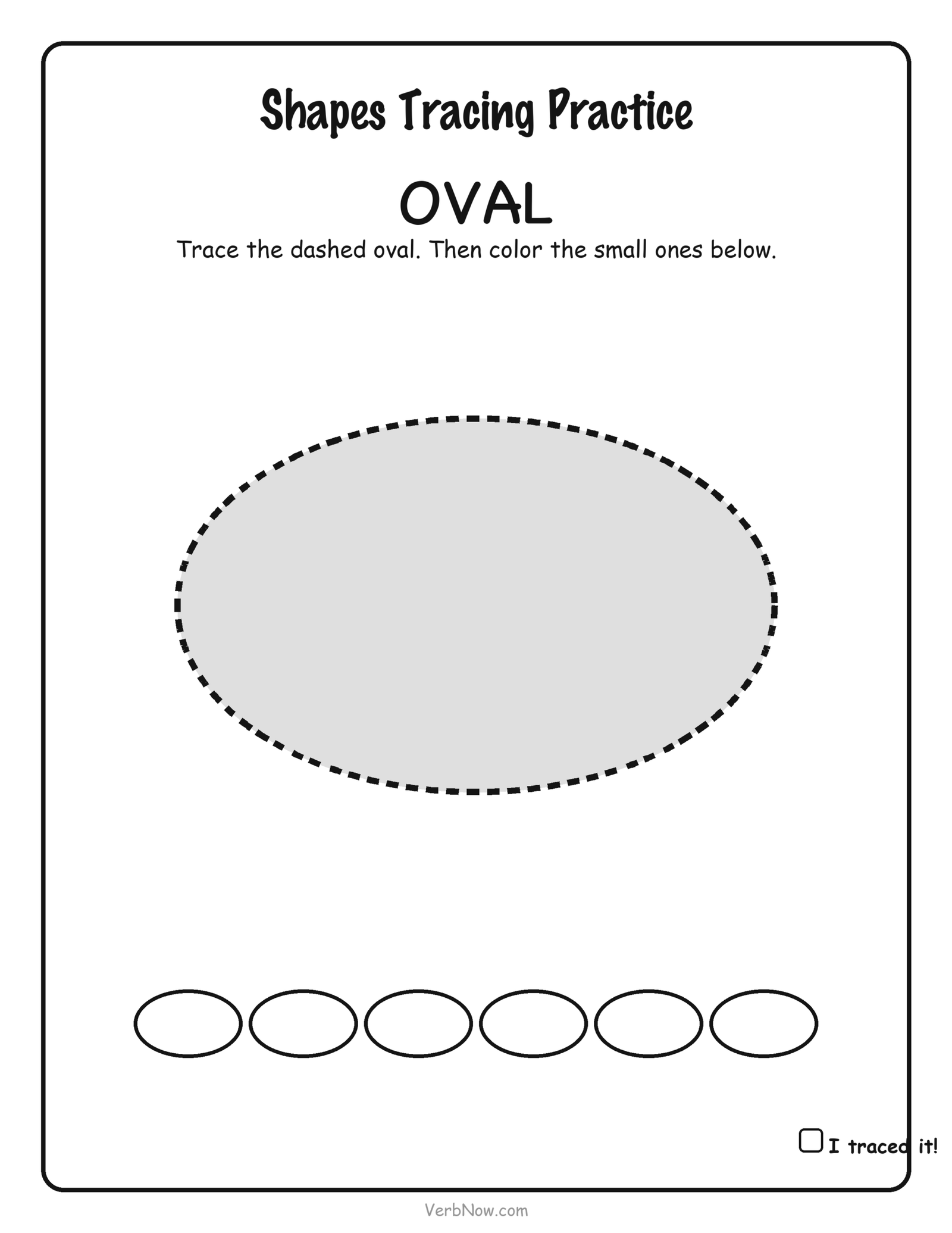 Dashed-line oval for kids to trace, with six small ovals to color, free preschool shape worksheet