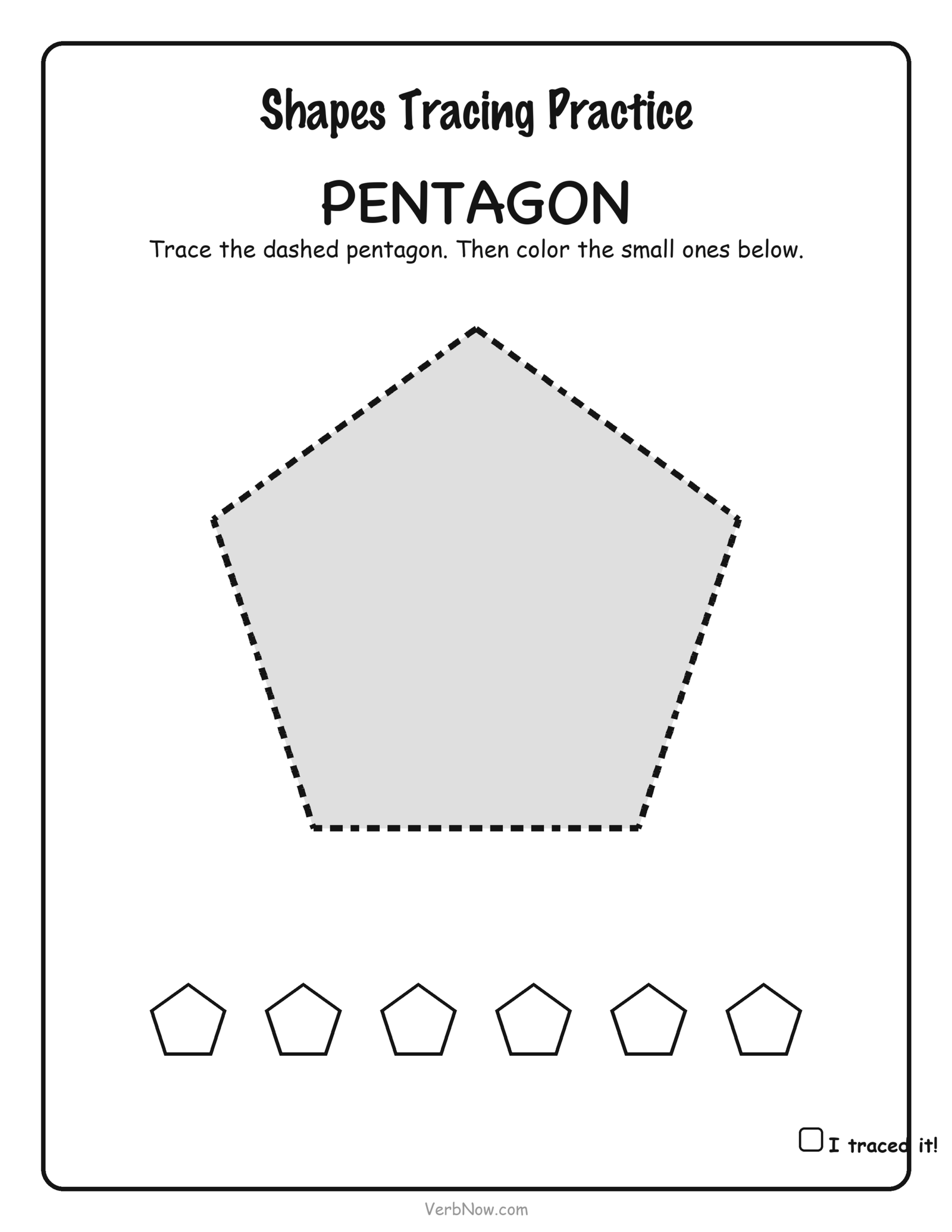 Dashed-line pentagon for kids to trace, with six small pentagons to color, free preschool shape worksheet