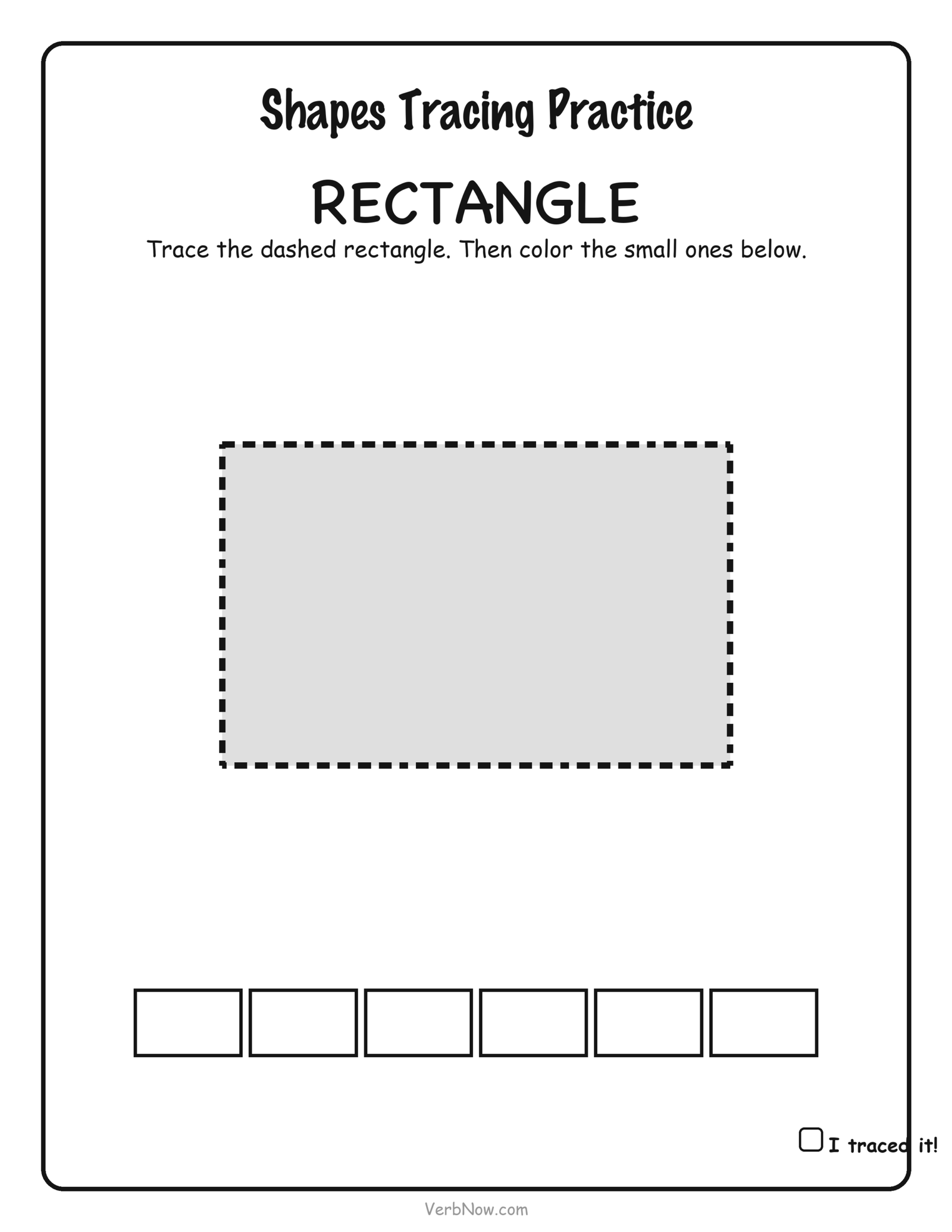 Dashed-line rectangle for kids to trace, with six small rectangles to color, free preschool shape worksheet