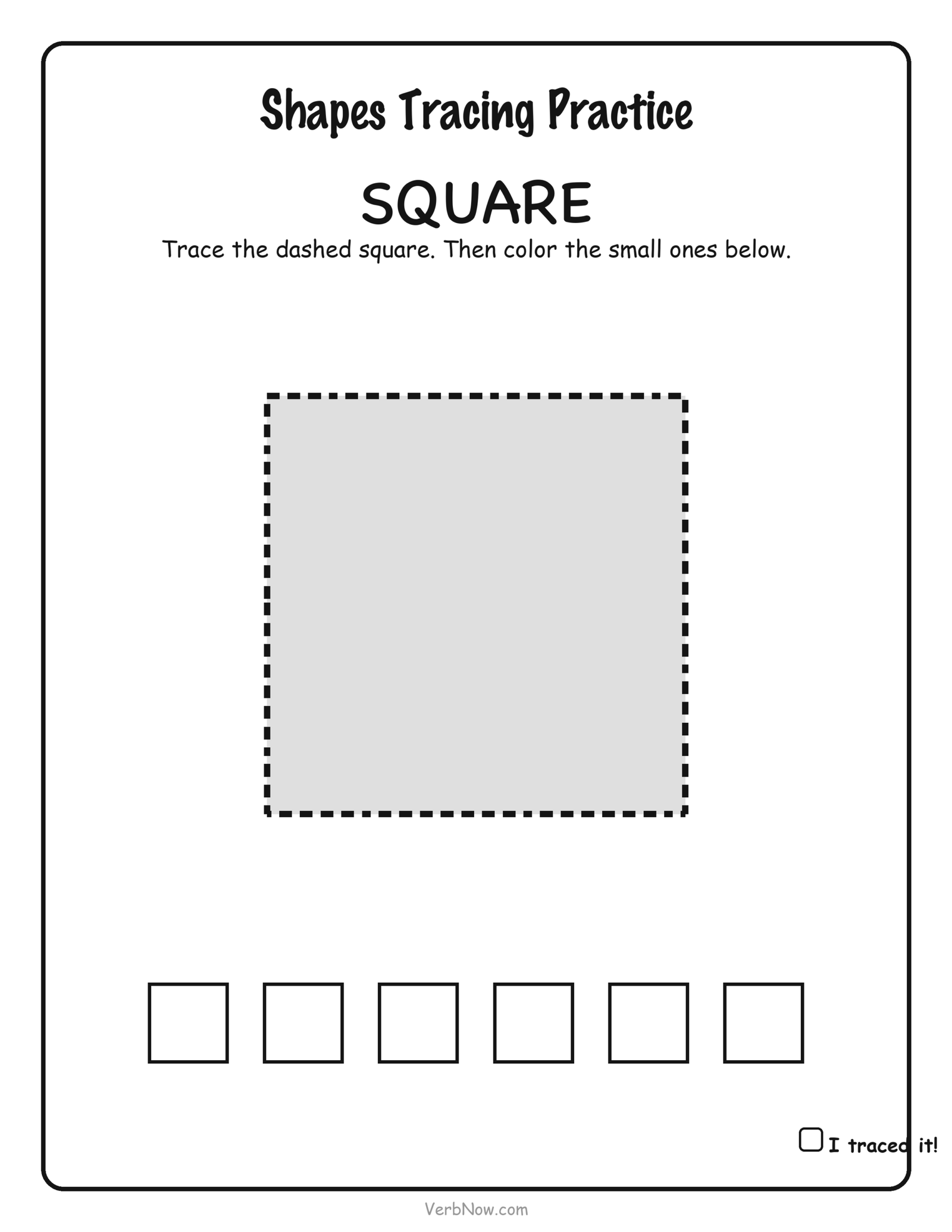 Dashed-line square for kids to trace, with six small squares to color, free preschool shape worksheet