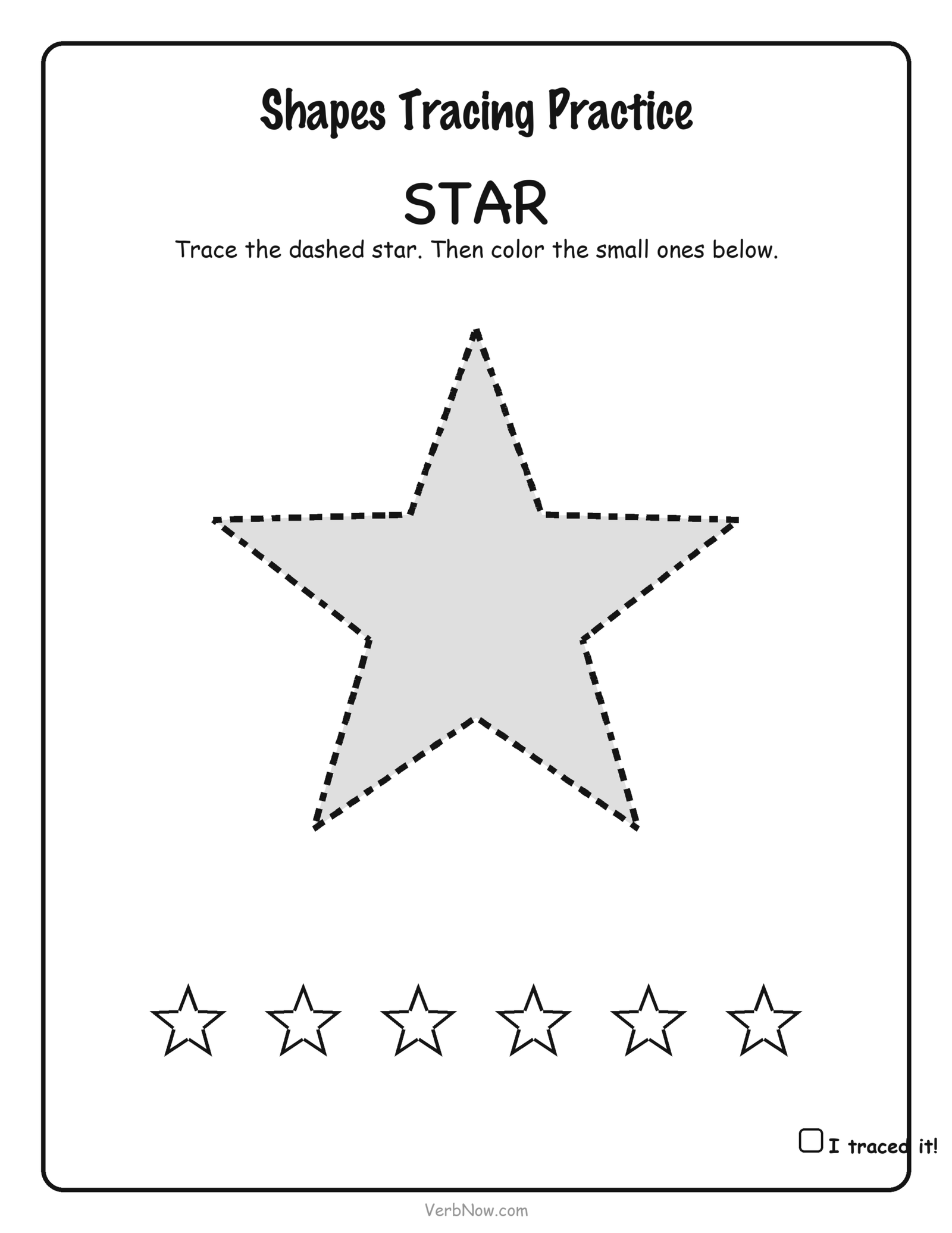 Dashed-line five-point star for kids to trace, with six small stars to color, free preschool shape worksheet