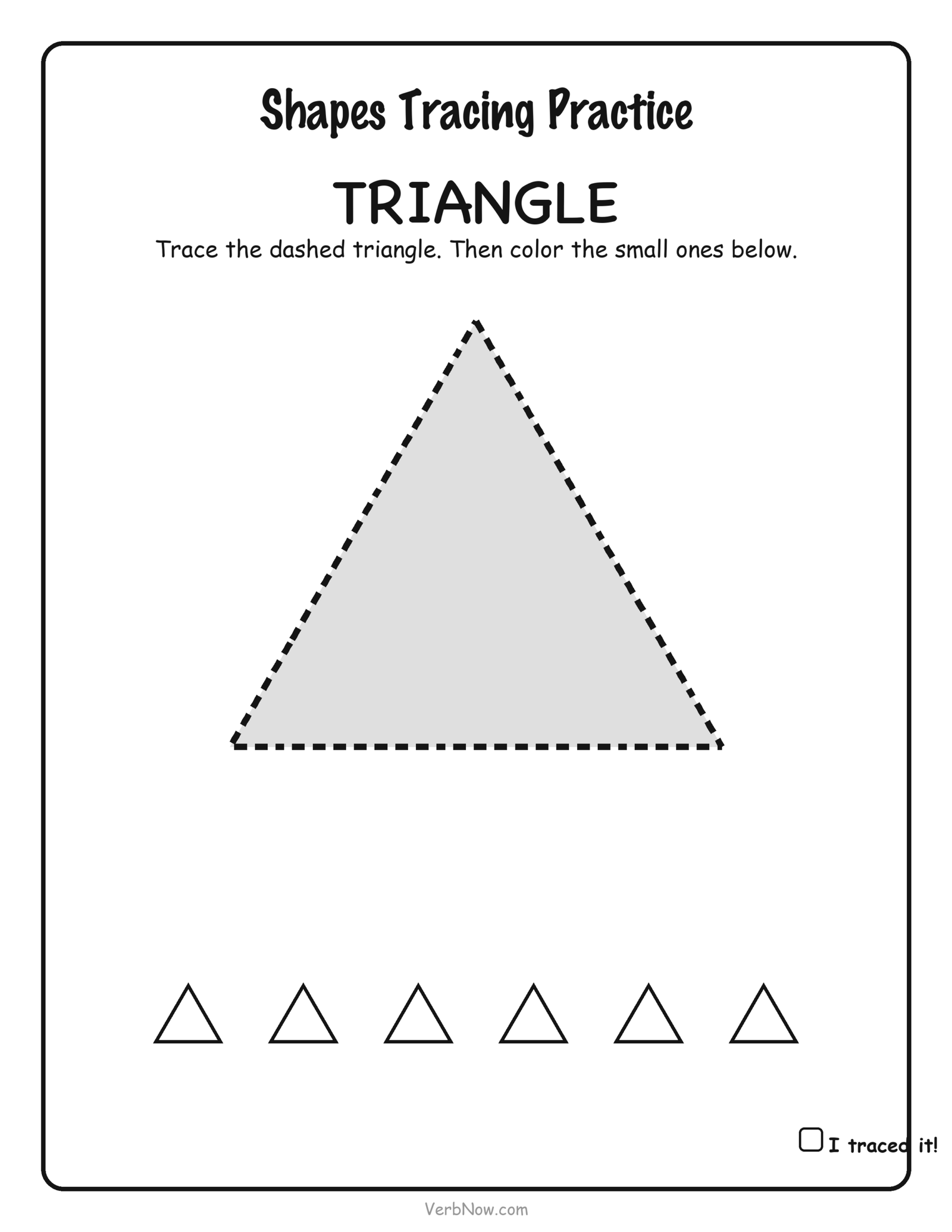 Dashed-line triangle for kids to trace, with six small triangles to color, free preschool shape worksheet