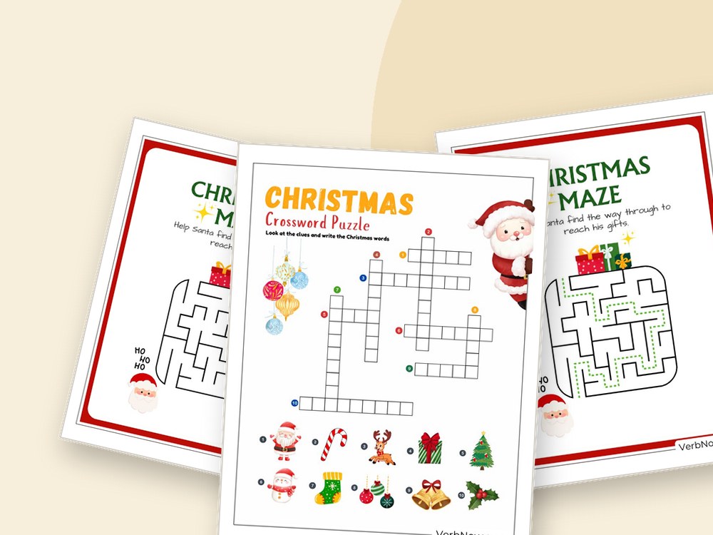 VerbNow - Coloring Pages PDF Free Printable Download Printable puzzle pages for kids: Christmas maze, crossword and word search