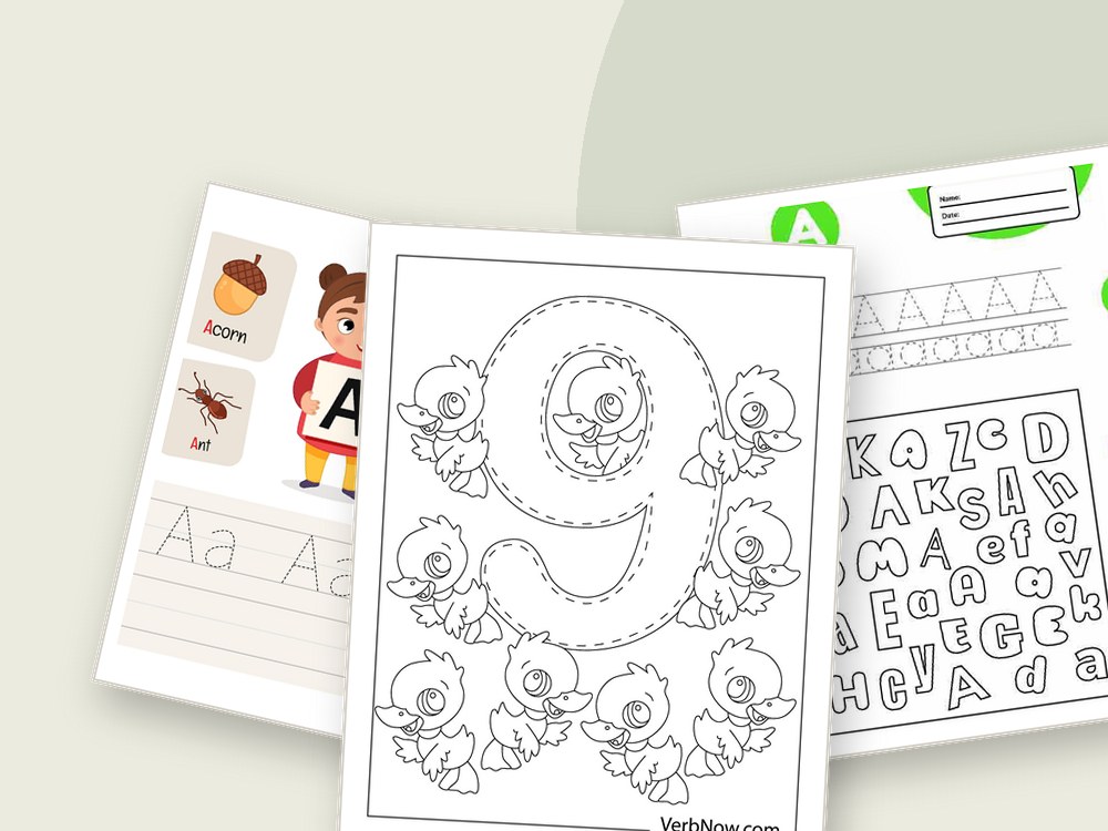 VerbNow - Coloring Pages PDF Free Printable Download Alphabet worksheets for preschool: letter A tracing, number practice and A to Z grid
