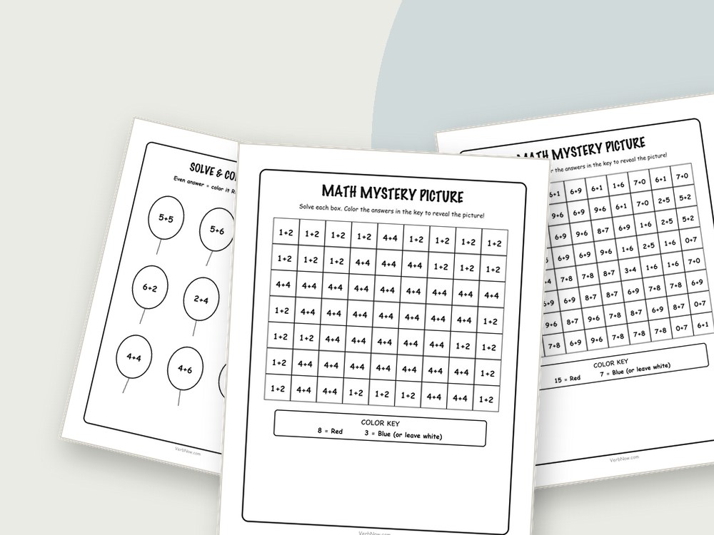 VerbNow - Coloring Pages PDF Free Printable Download Math mystery picture worksheets: solve and color addition grids for K-2