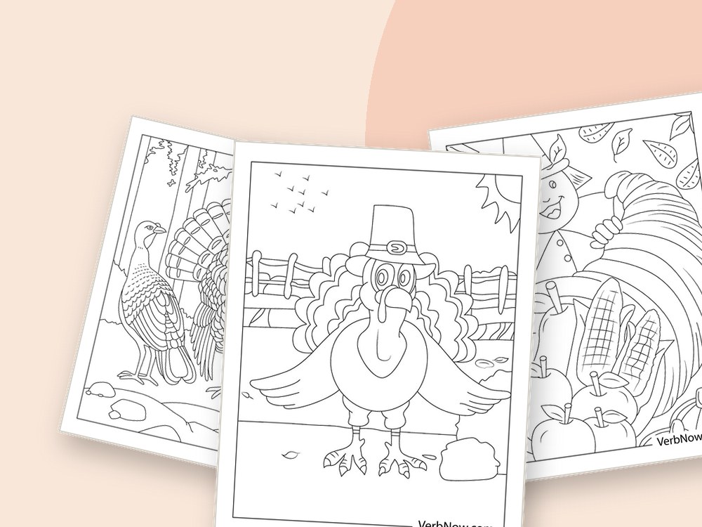 VerbNow - Coloring Pages PDF Free Printable Download Thanksgiving coloring pages for kids: turkey and harvest scenes in outline