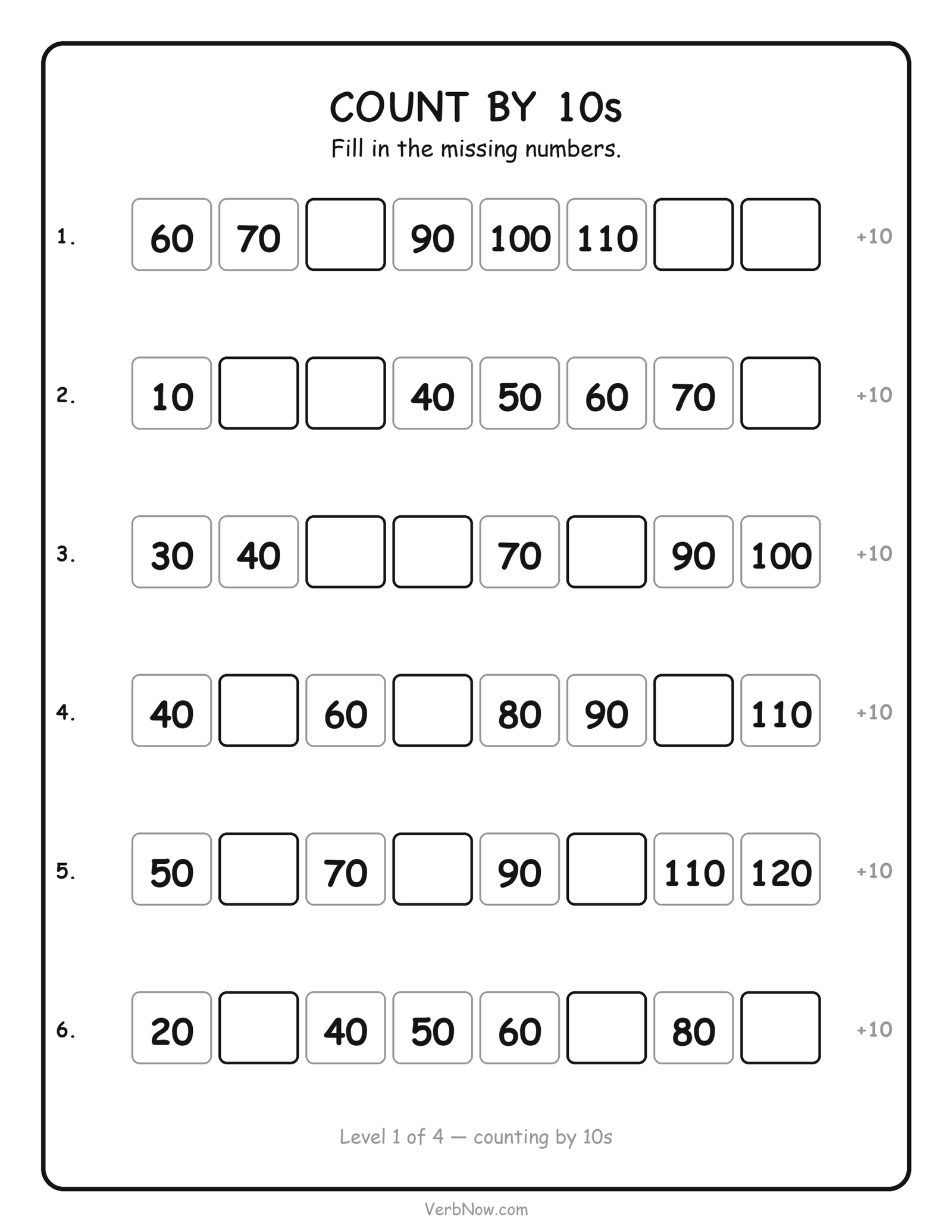 Skip counting by 10s worksheet: fill in the missing numbers in six counting sequences, free printable for first grade