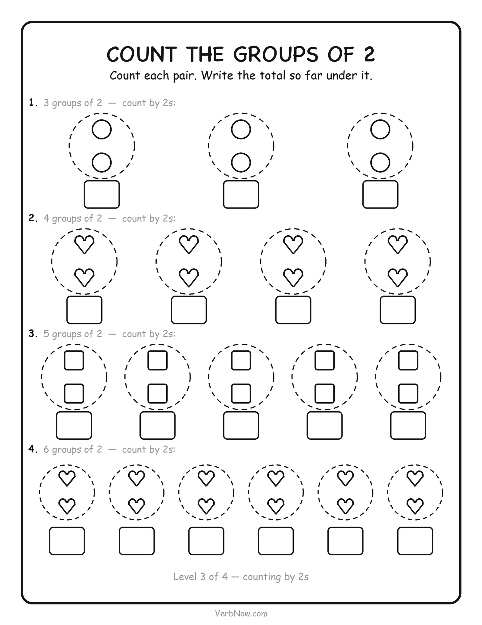 Skip counting by 2s worksheet: count pairs of objects and write the running total under each pair, free printable