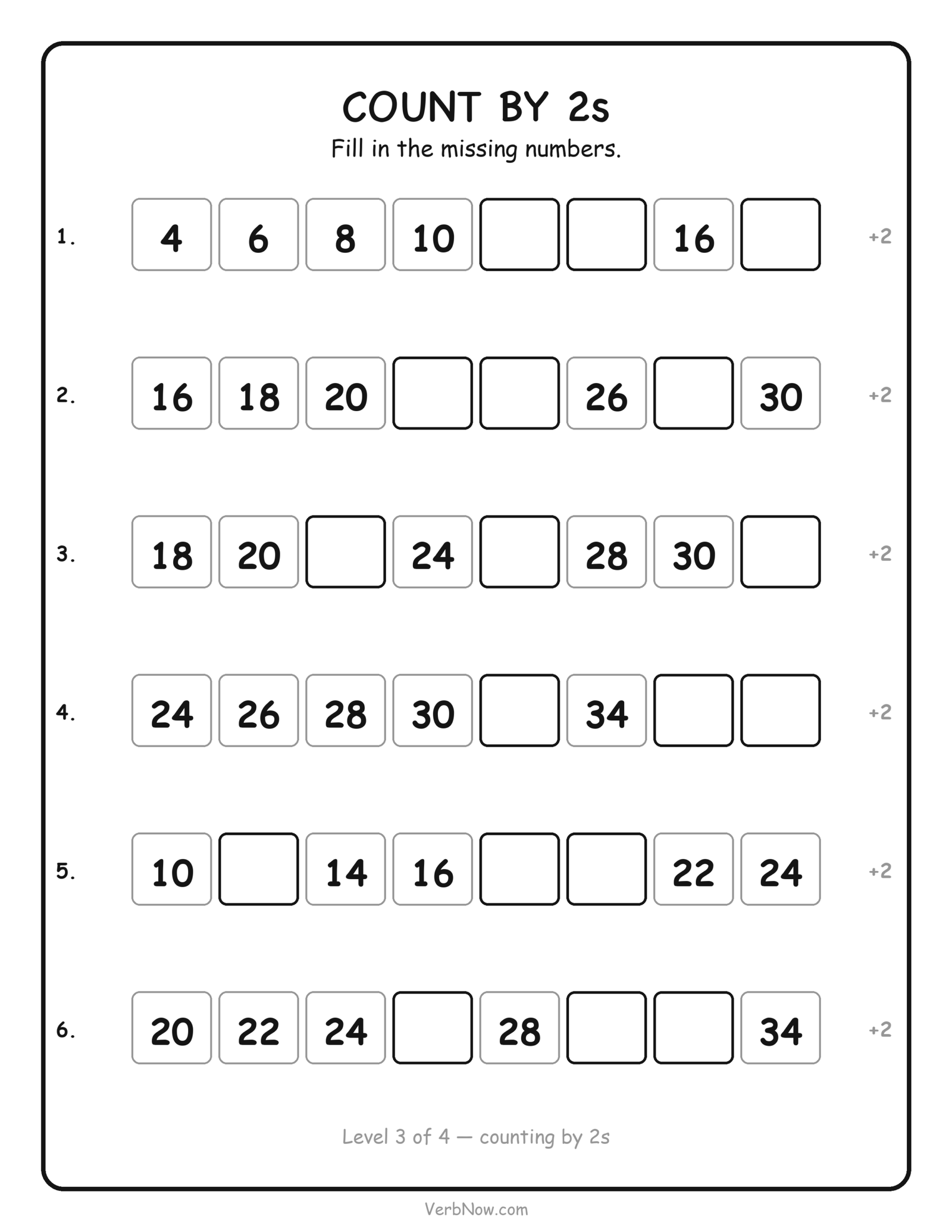 Skip counting by 2s worksheet: fill in the missing even numbers in six counting sequences, free printable for first grade