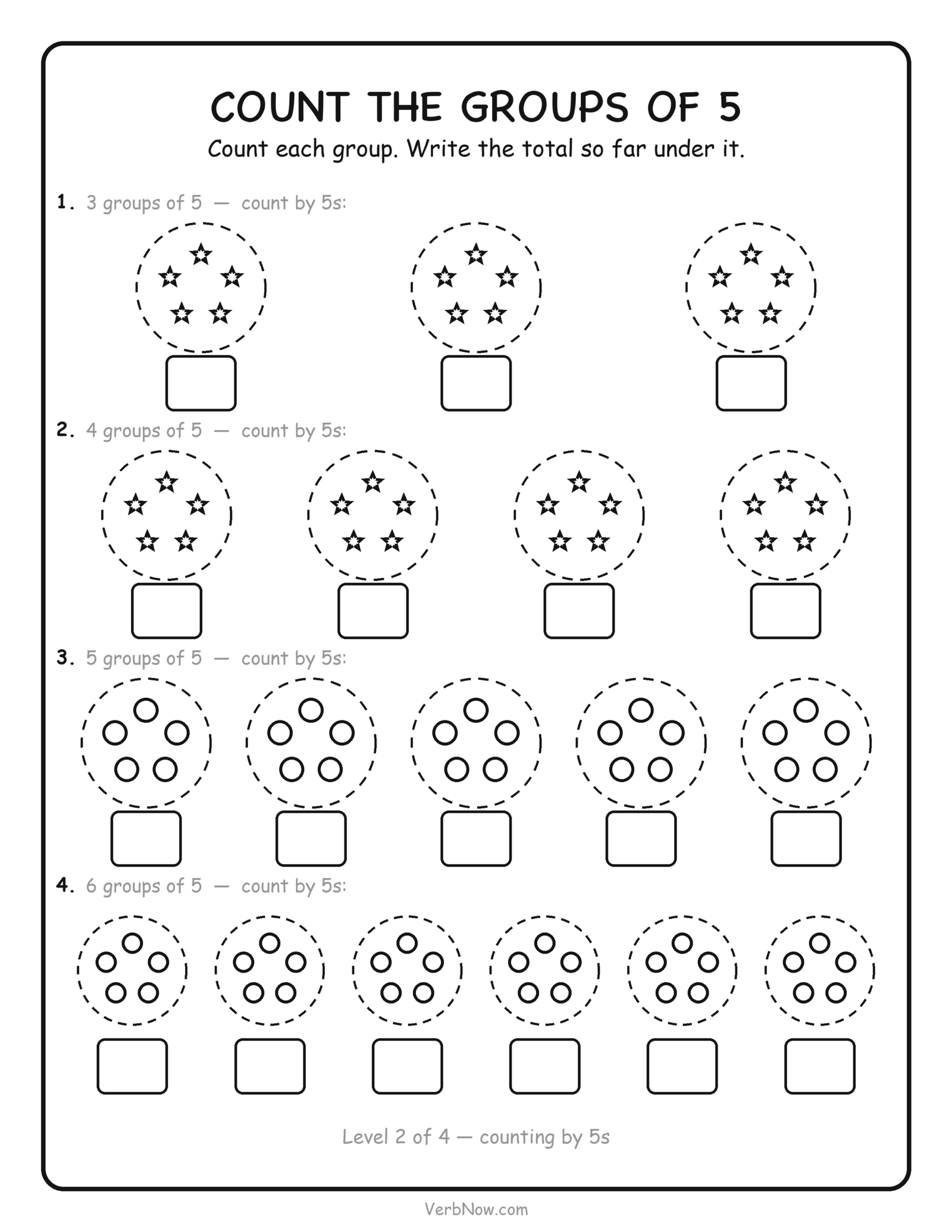 Skip counting by 5s worksheet: count groups of five stars and write the running total under each group, free printable