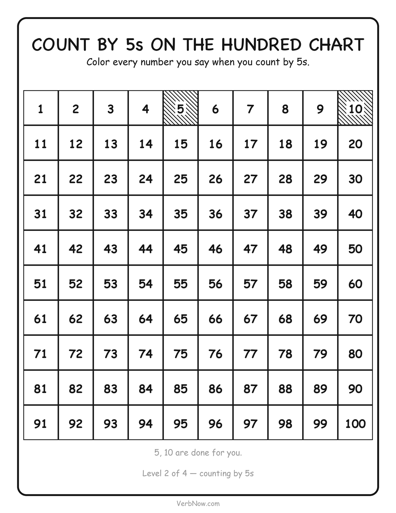 Skip counting by 5s hundred chart: color the multiples of five on a 1 to 100 grid to see the pattern, free printable