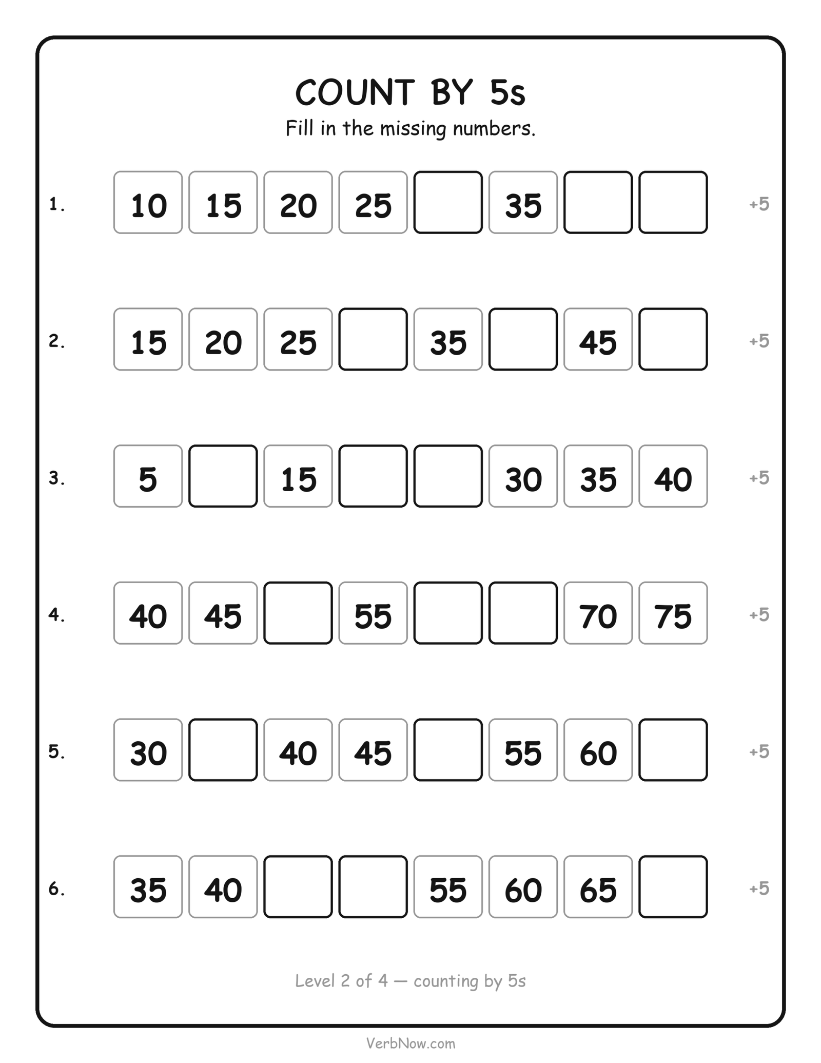 Skip counting by 5s worksheet: fill in the missing numbers in six counting by fives sequences, free printable for first grade