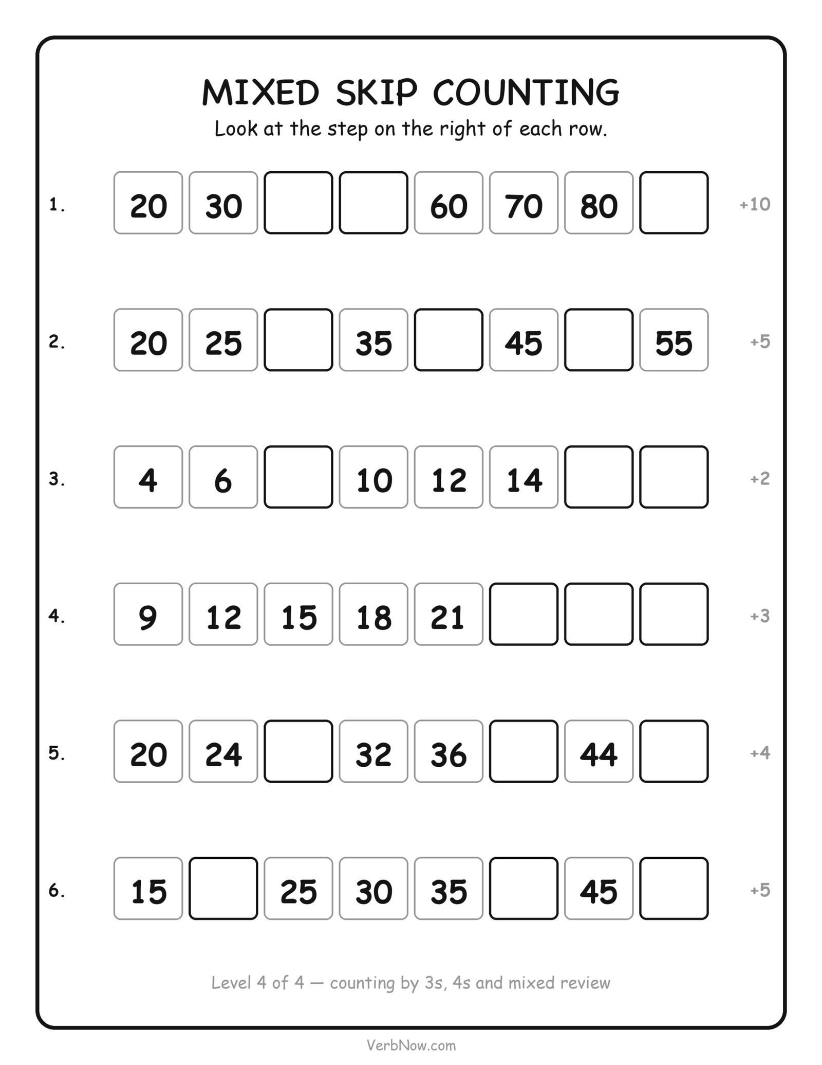 Skip counting mixed review worksheet: six sequences counting by 2s, 3s, 4s, 5s and 10s with missing numbers, free printable for second grade