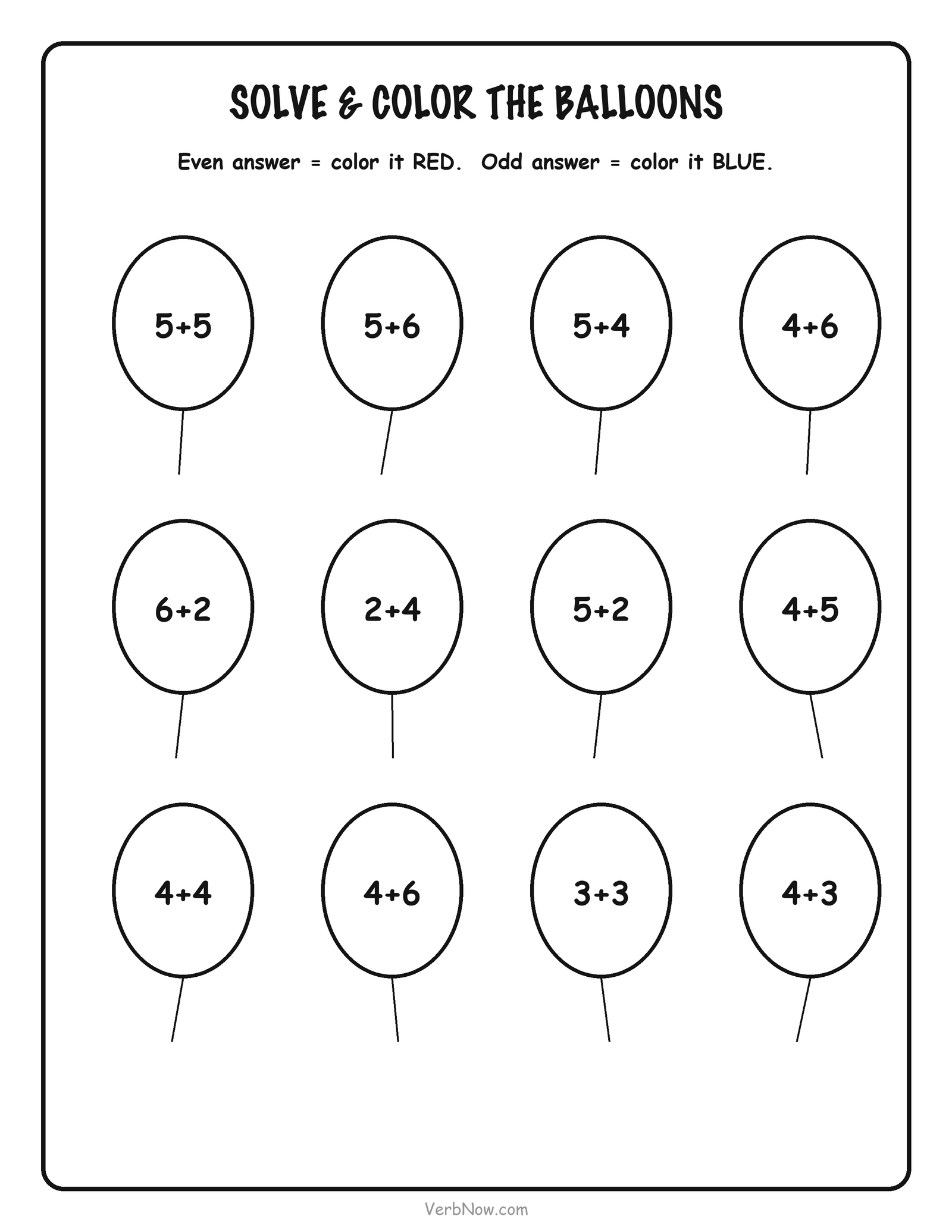 56 Free Math Coloring Pages (Addition, Subtraction & Multiplication) Solve and color worksheet with twelve balloons: even answers are colored red, odd answers blue