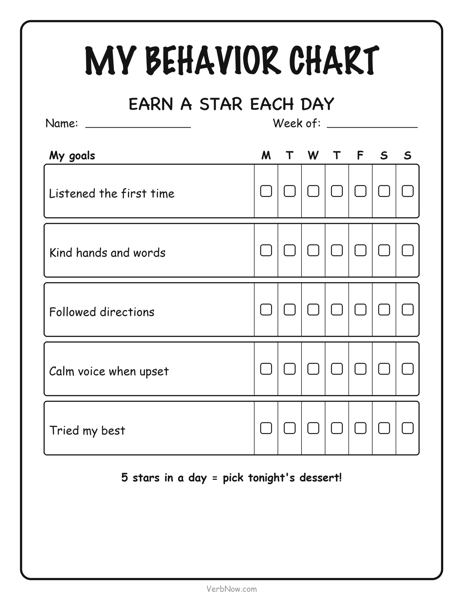 Behavior chart with 5 daily goals and a star reward system, free printable