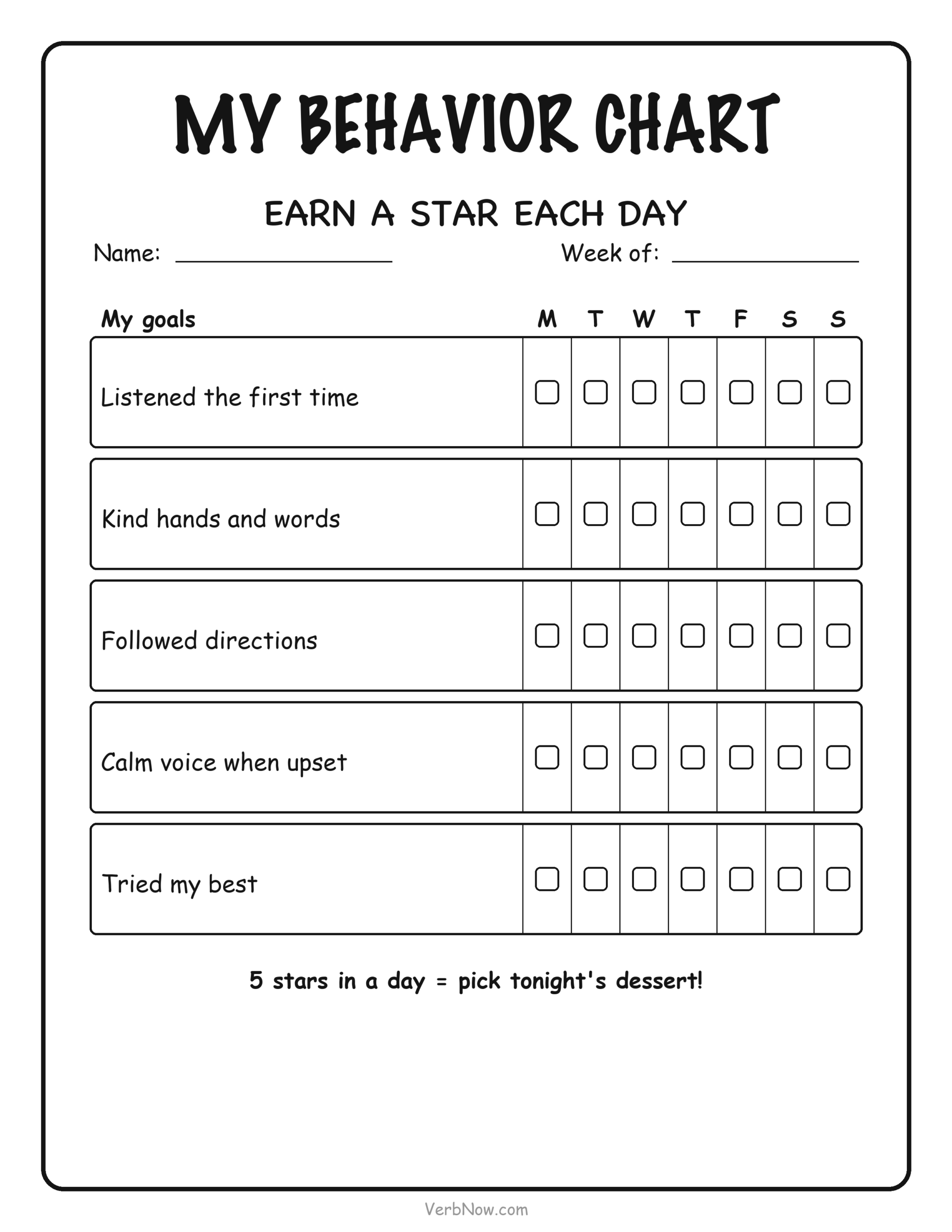 Star Reward Behavior Chart