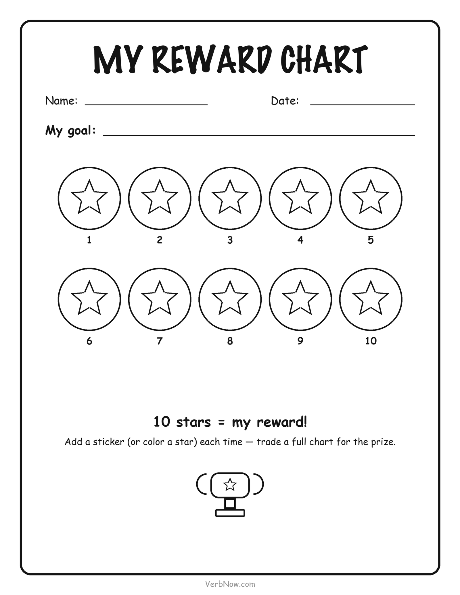 Sticker reward chart with a goal line and ten big star slots, black and white, US Letter