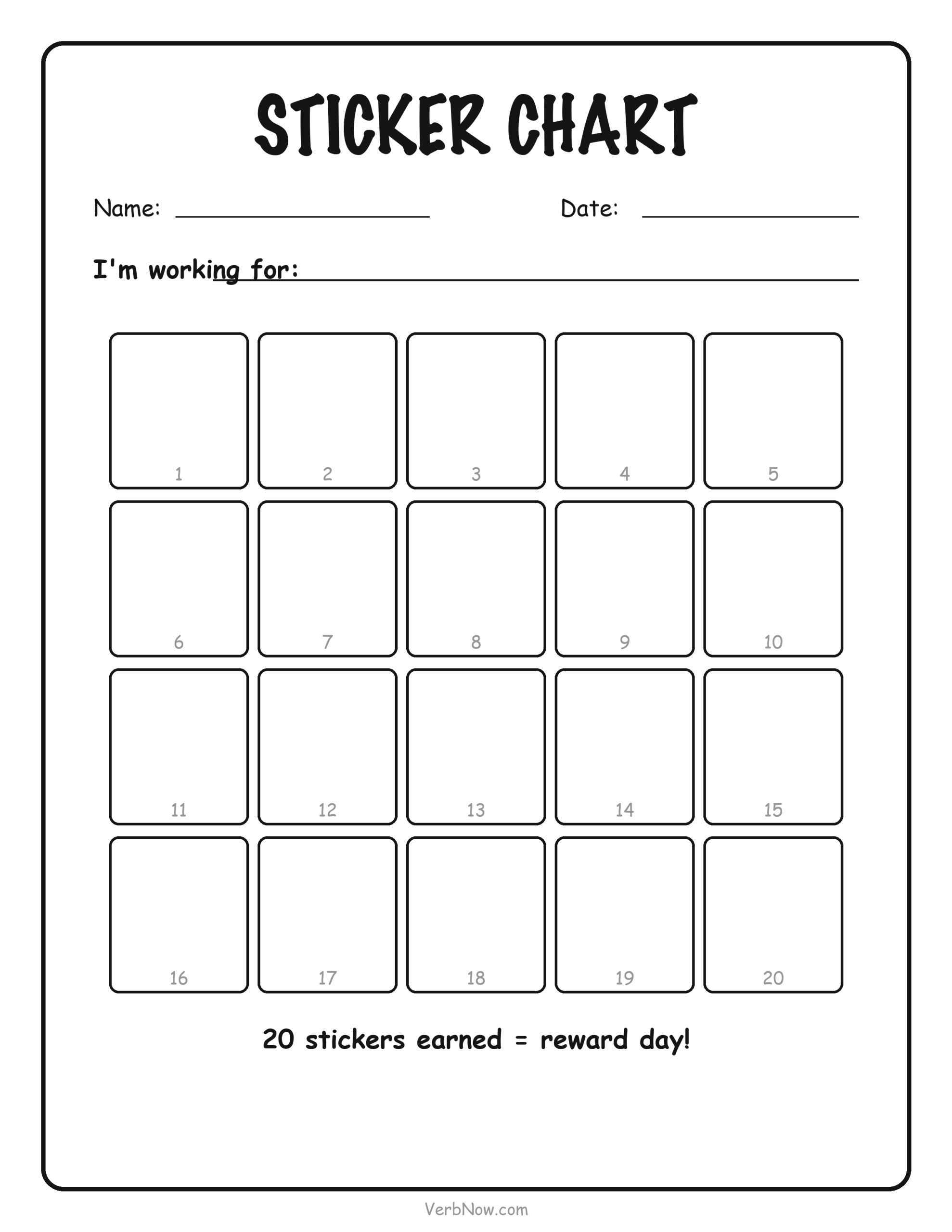 8 Free Printable Reward Charts (Sticker Charts, Punch Cards & Coupons) Sticker chart with twenty boxes