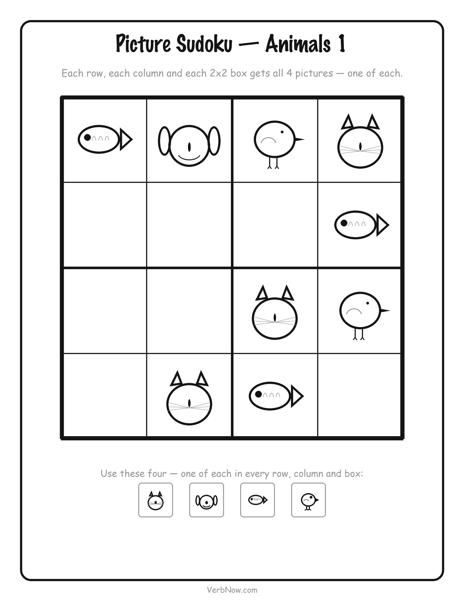 12 Free Printable Sudoku for Kids (4x4 Picture and Number Puzzles) Free printable 4x4 animal picture sudoku for kids with cat, dog, fish and bird pictures, 9 squares filled in
