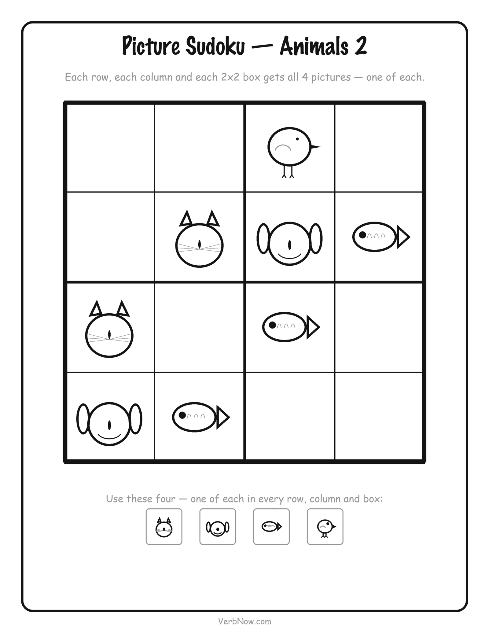 12 Free Printable Sudoku for Kids (4x4 Picture and Number Puzzles) Free printable 4x4 animal sudoku puzzle for kids, 8 squares filled in and 8 to solve
