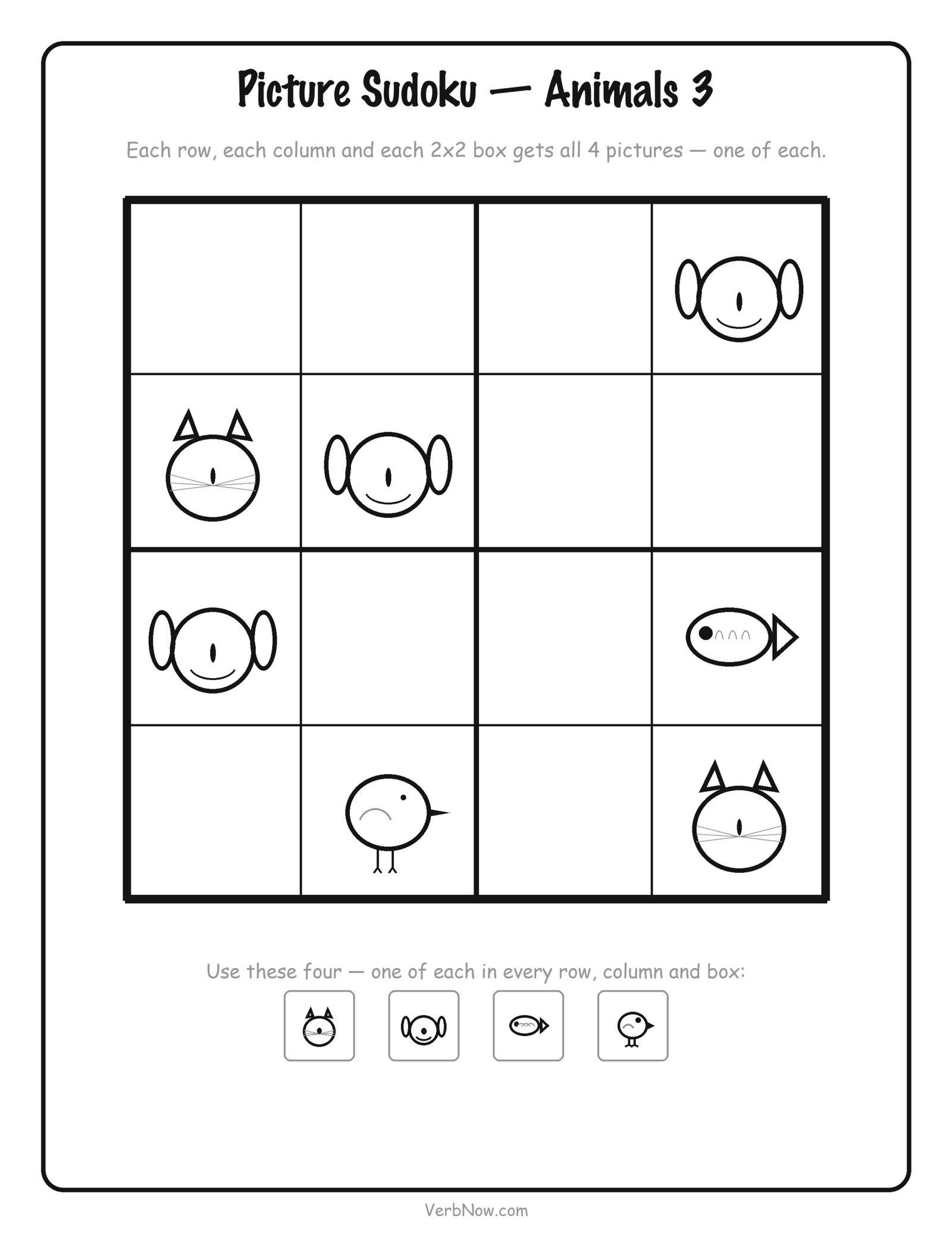 12 Free Printable Sudoku for Kids (4x4 Picture and Number Puzzles) Free printable 4x4 animal sudoku puzzle for kids, 7 squares filled in, the hardest of the animal set