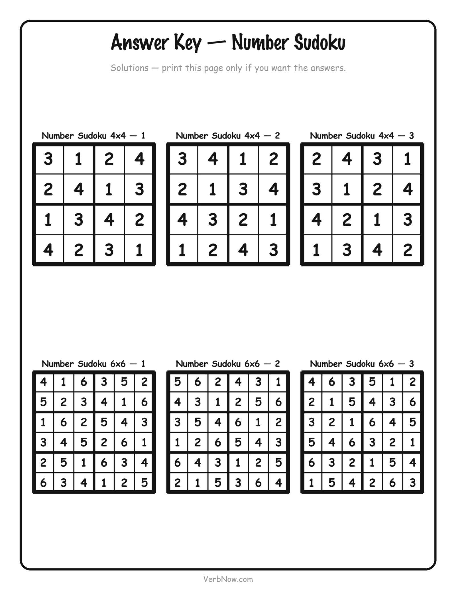 12 Free Printable Sudoku for Kids (4x4 Picture and Number Puzzles) Answer key page for the six printable number sudoku puzzles, 4x4 and 6x6