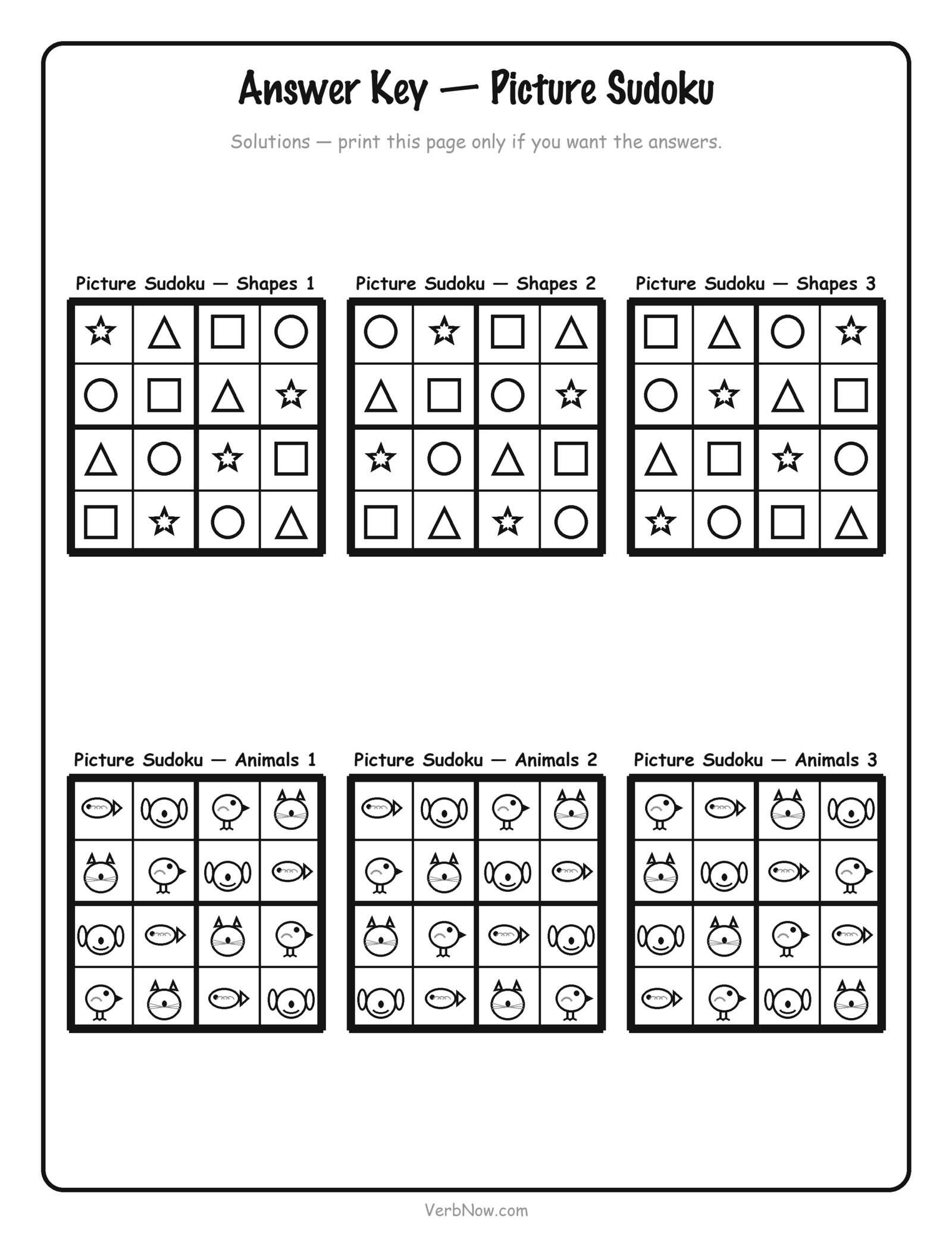 12 Free Printable Sudoku for Kids (4x4 Picture and Number Puzzles) Answer key page for the six printable picture sudoku puzzles, shapes and animals