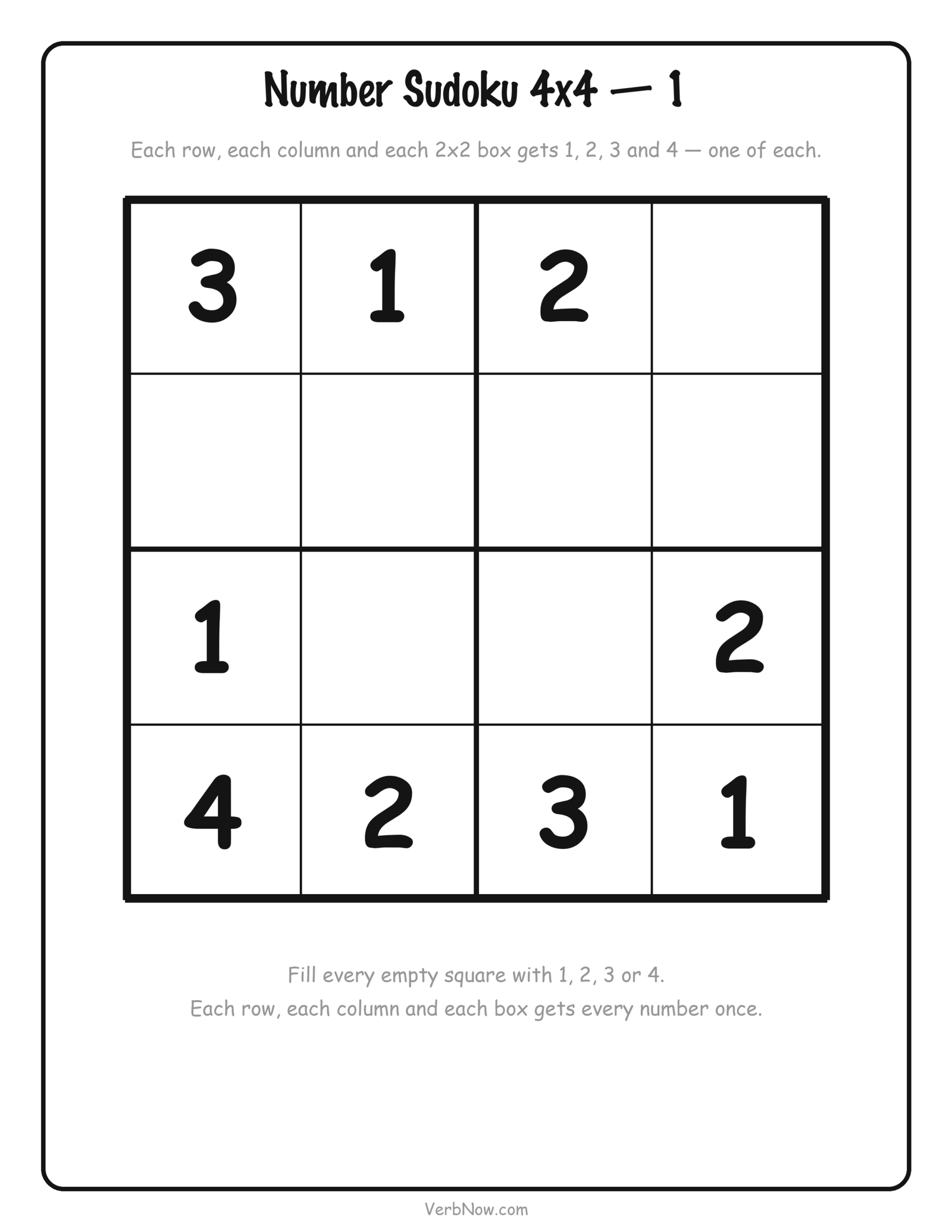 12 Free Printable Sudoku for Kids (4x4 Picture and Number Puzzles) Free printable 4x4 number sudoku for kids using 1 to 4, 9 squares filled in