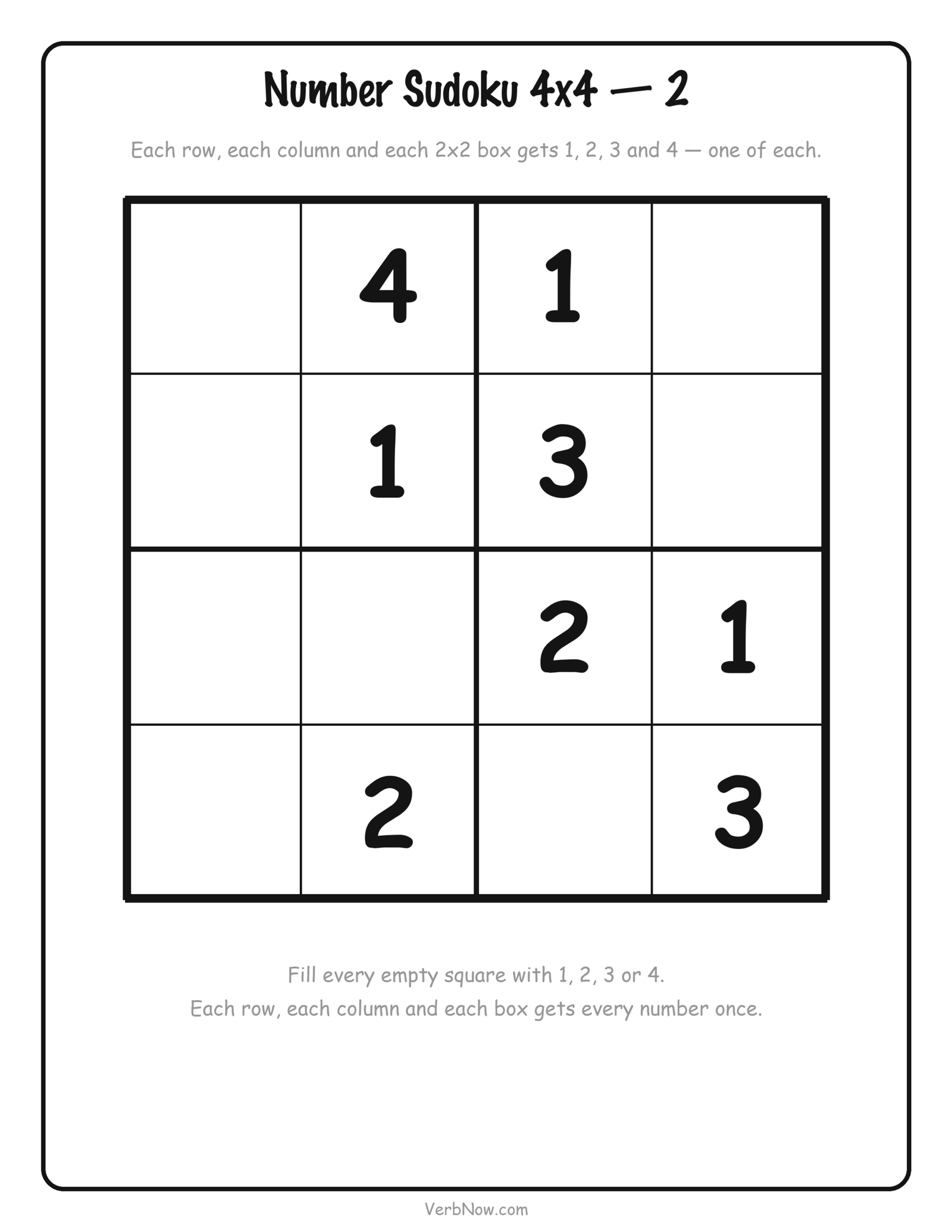 12 Free Printable Sudoku for Kids (4x4 Picture and Number Puzzles) Free printable 4x4 number sudoku for kids using 1 to 4, 8 squares filled in