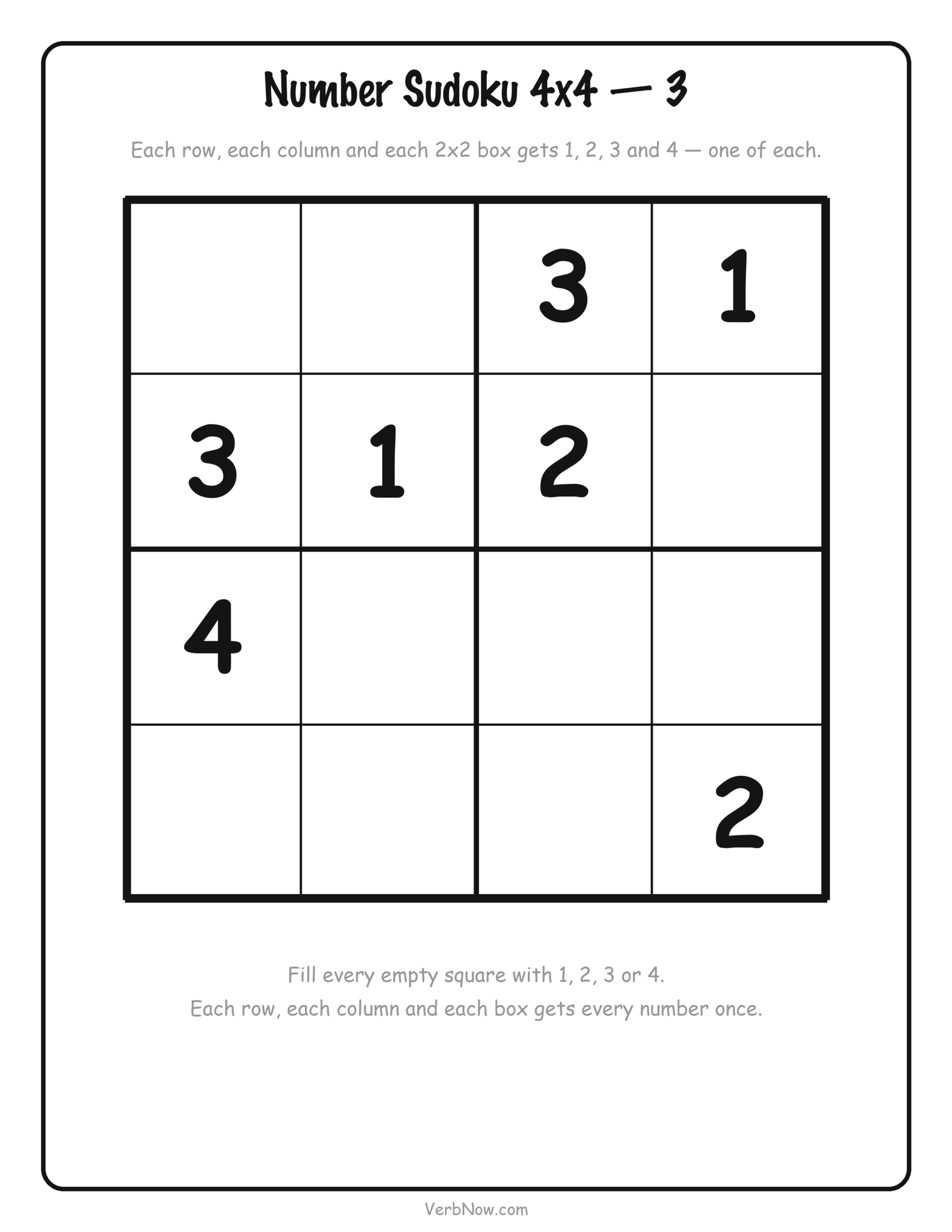 12 Free Printable Sudoku for Kids (4x4 Picture and Number Puzzles) Free printable 4x4 number sudoku for kids using 1 to 4, 7 squares filled in, the hardest 4x4 number puzzle