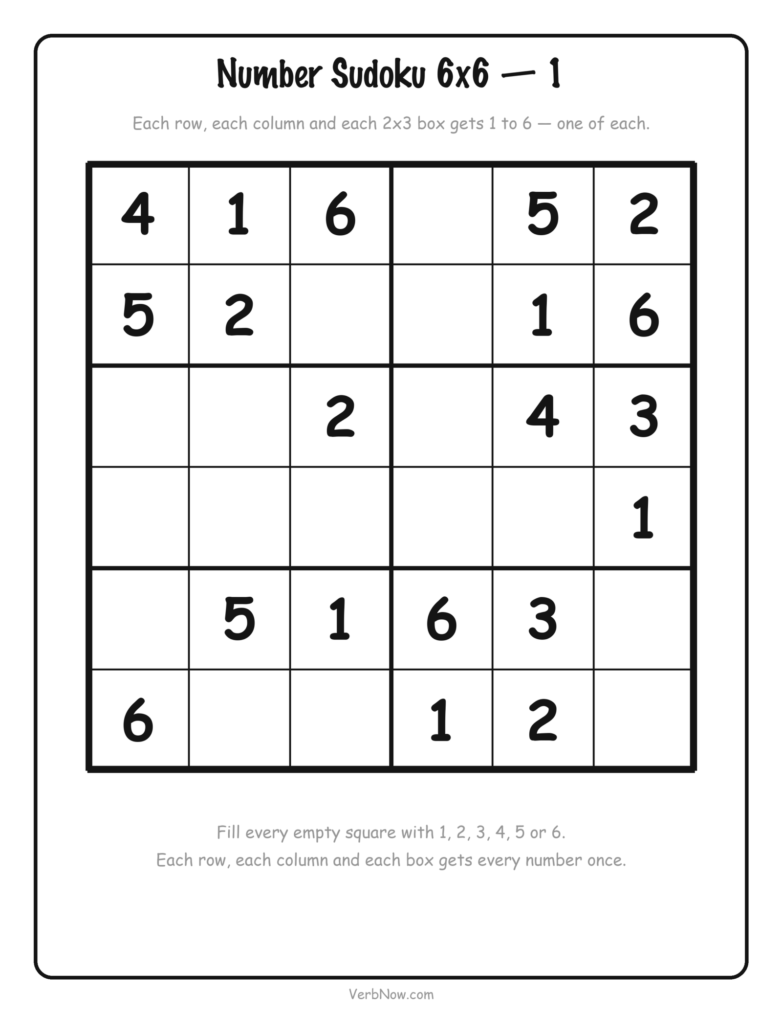 12 Free Printable Sudoku for Kids (4x4 Picture and Number Puzzles) Free printable 6x6 sudoku for kids using 1 to 6 with 2 by 3 boxes, 20 squares filled in