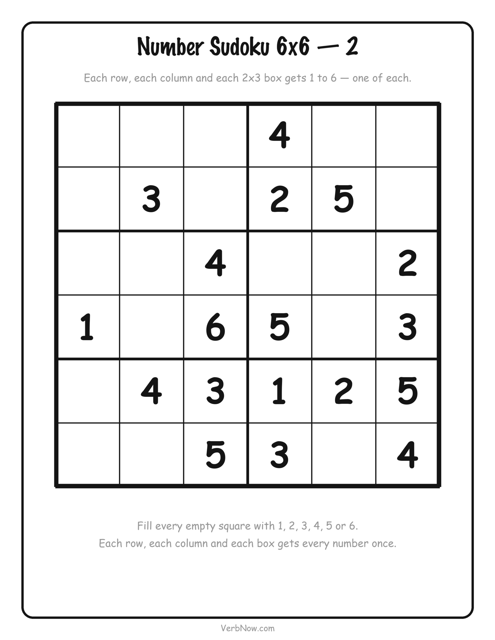12 Free Printable Sudoku for Kids (4x4 Picture and Number Puzzles) Free printable 6x6 number sudoku for kids using 1 to 6, 18 squares filled in