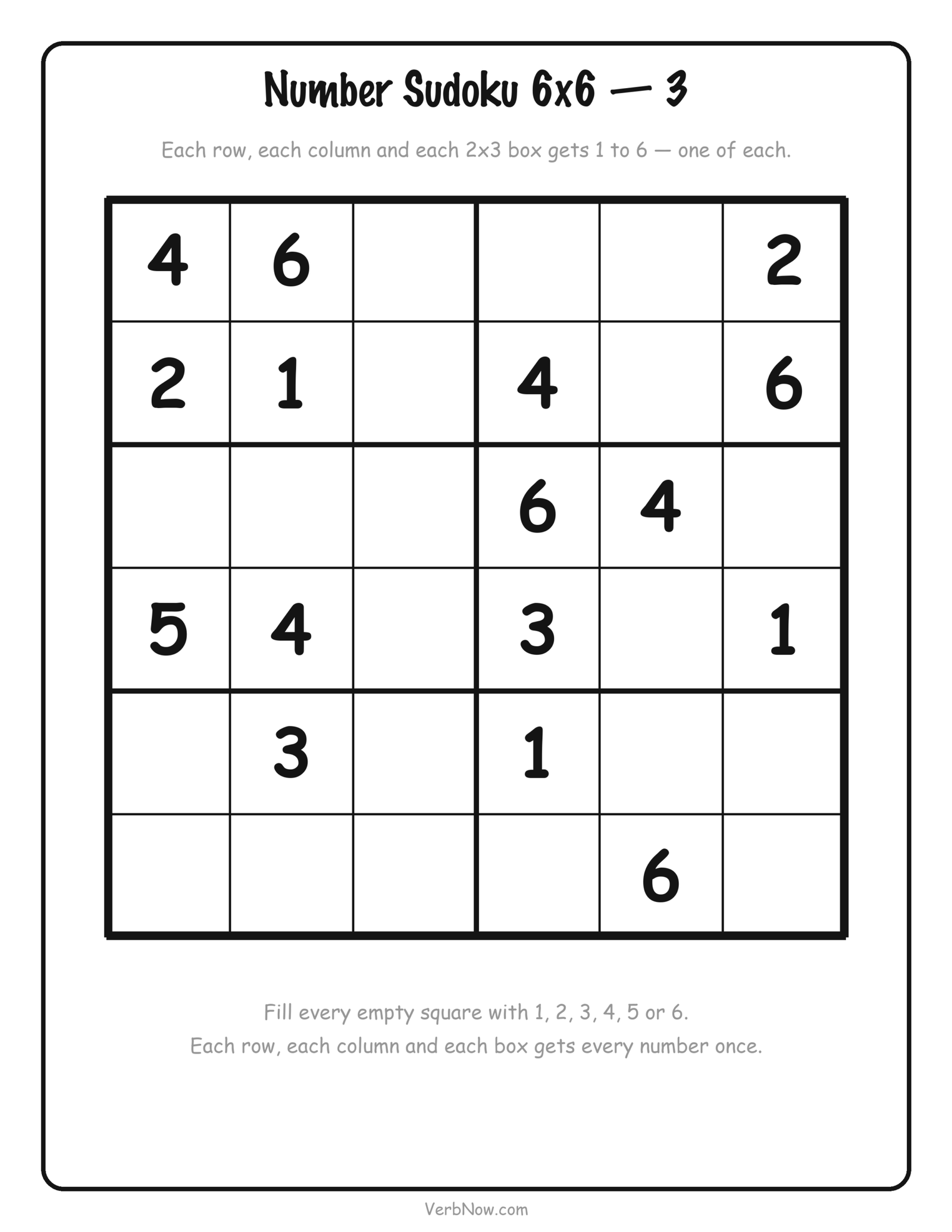 12 Free Printable Sudoku for Kids (4x4 Picture and Number Puzzles) Free printable 6x6 number sudoku for kids using 1 to 6, 16 squares filled in, the hardest puzzle in the set