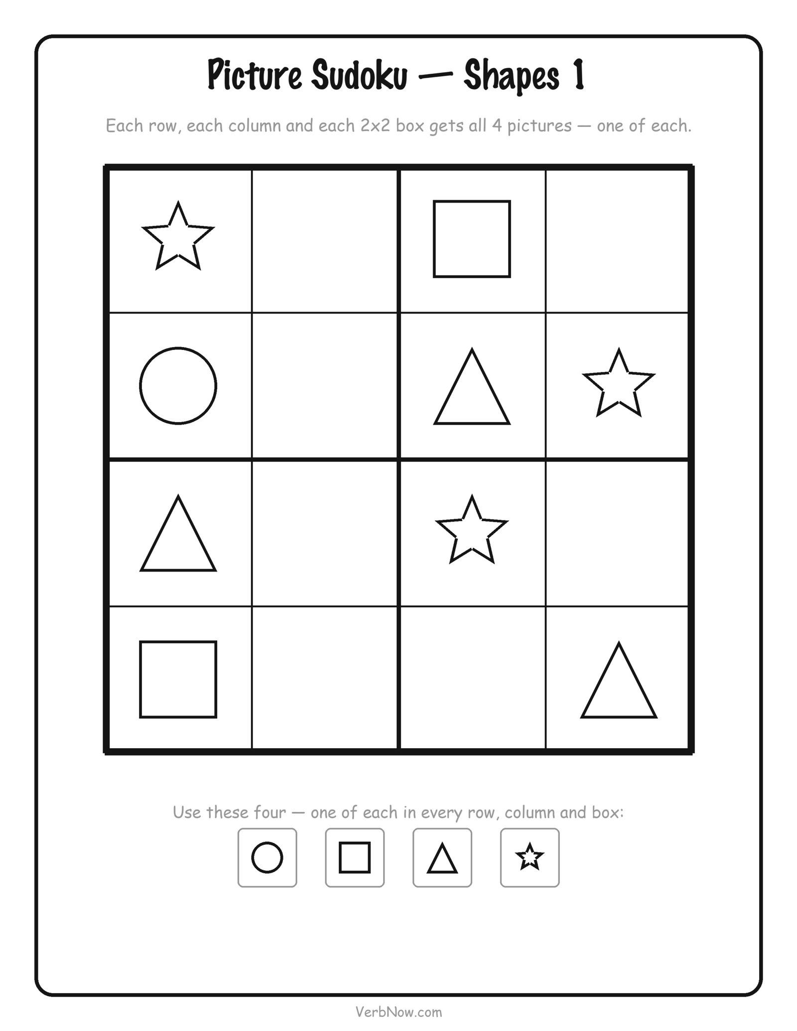 12 Free Printable Sudoku for Kids (4x4 Picture and Number Puzzles) Free printable 4x4 picture sudoku for kids with circle, square, triangle and star shapes, 9 squares filled in