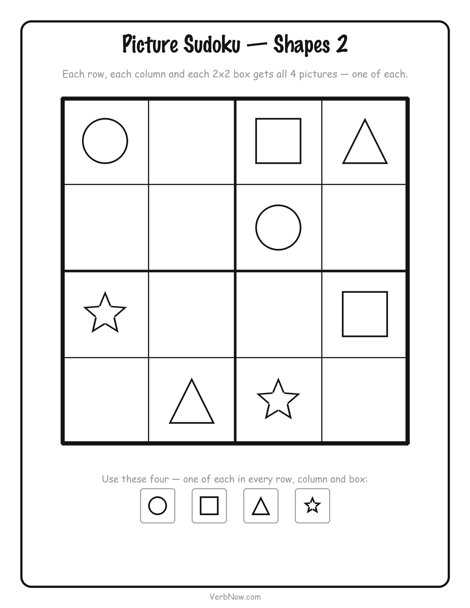12 Free Printable Sudoku for Kids (4x4 Picture and Number Puzzles) Free printable 4x4 shape sudoku puzzle for kids, 8 squares filled in and 8 to solve