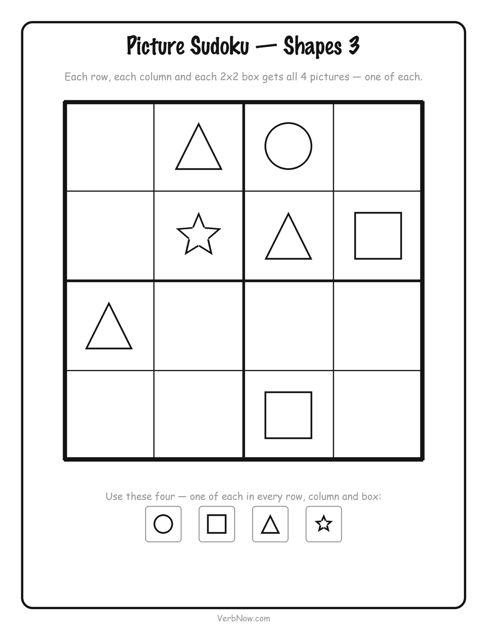 12 Free Printable Sudoku for Kids (4x4 Picture and Number Puzzles) Free printable 4x4 shape sudoku puzzle for kids, 7 squares filled in, the hardest of the shape set